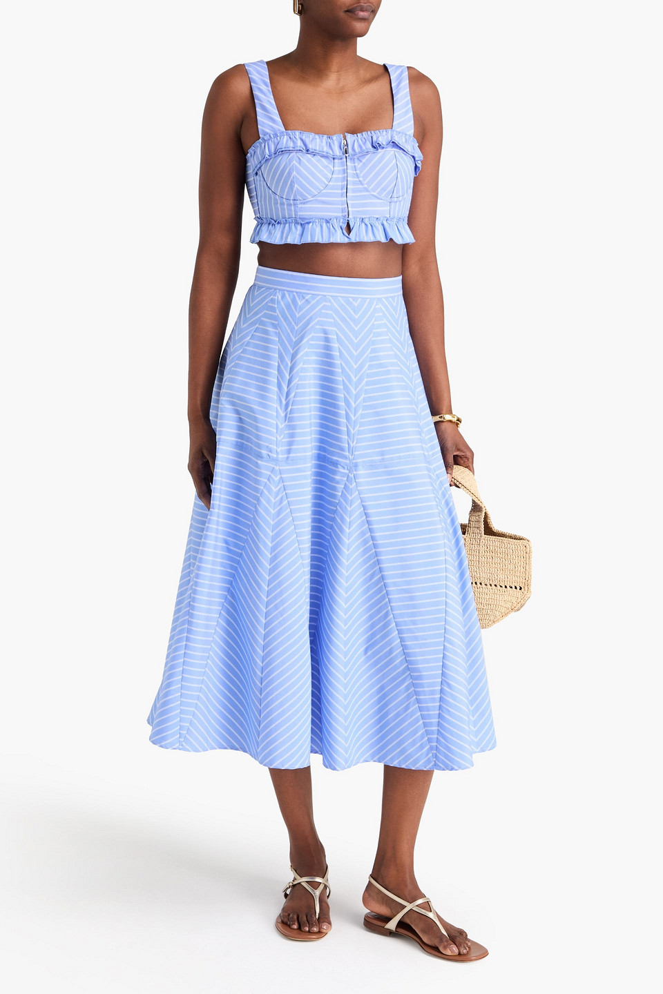  Sandro - Cropped Ruffled Striped Poplin Bustier Top - Blue - 0 