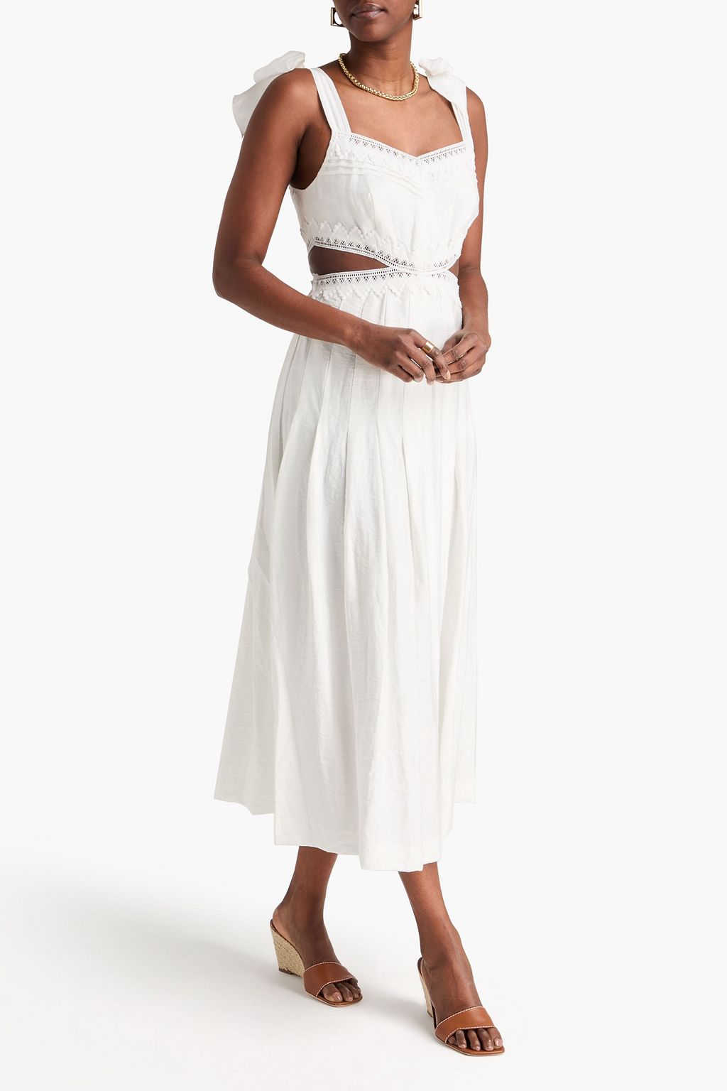 SANDRO Lace-trimmed cutout twill midi dress | THE OUTNET