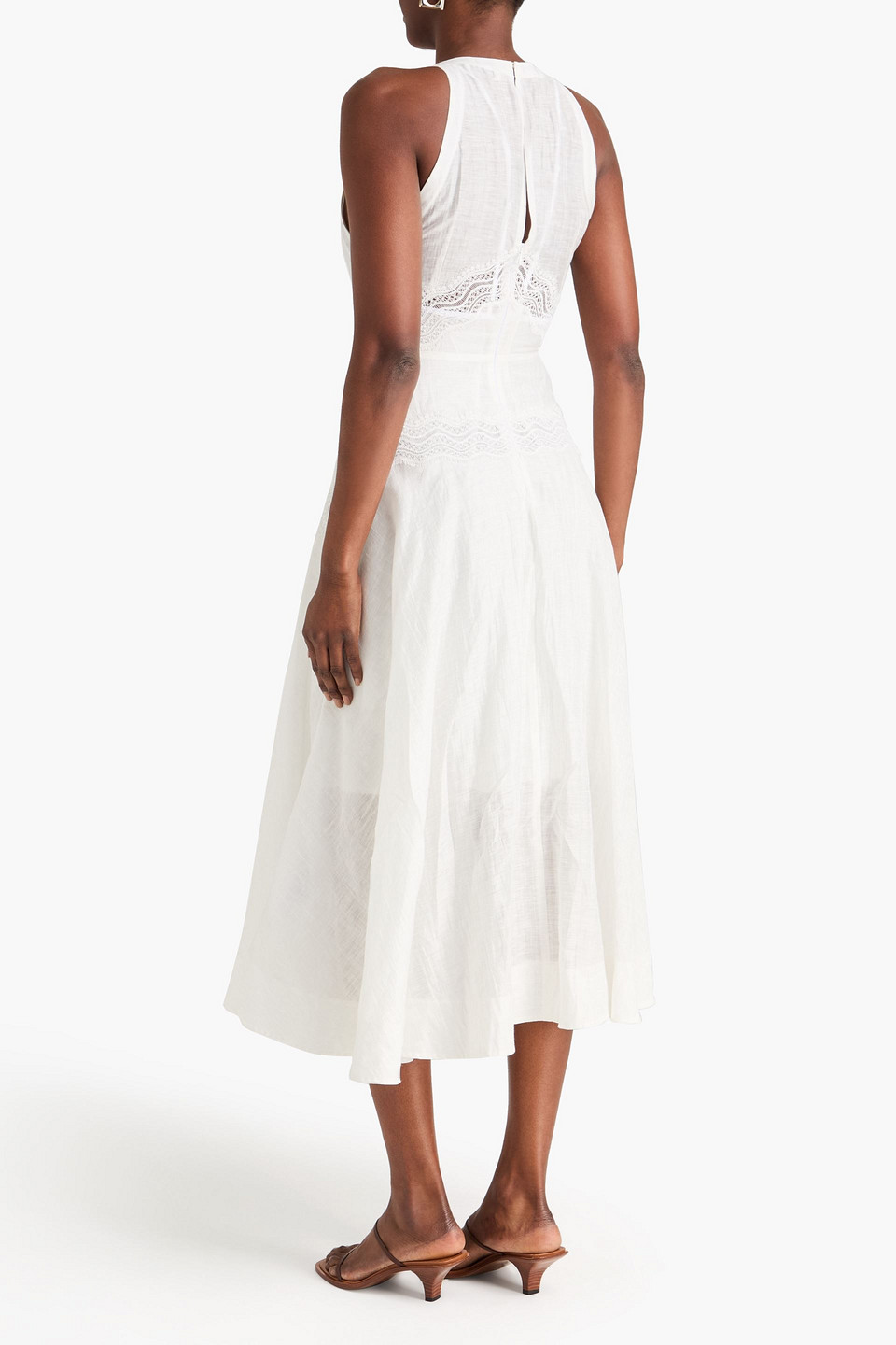  Sandro - Midikleid Aus Einer Leinenmischung Mit Spitzenbesatz - Weiß - Fr 34 