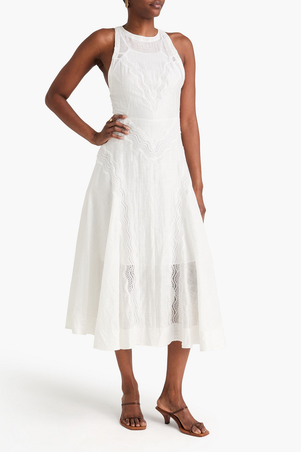  Sandro - Midikleid Aus Einer Leinenmischung Mit Spitzenbesatz - Weiß - Fr 34 