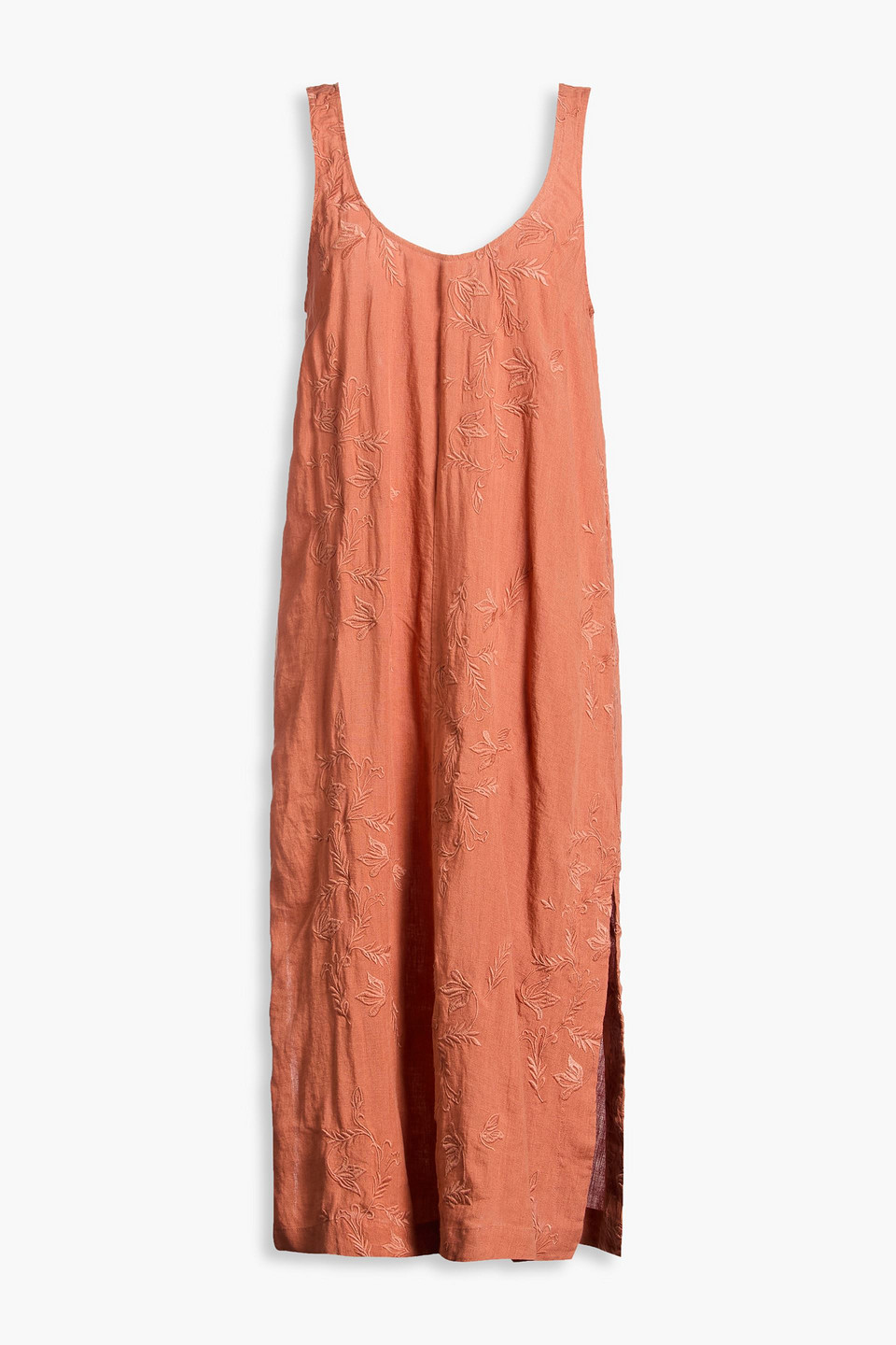 Hannah Maria Embroidered Linen Midi Dress In Brown