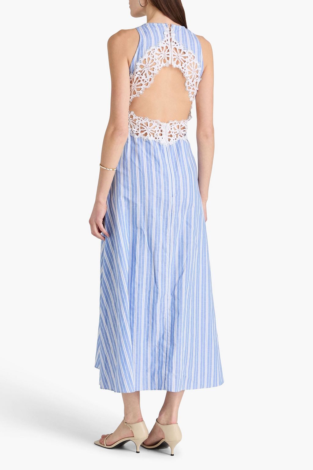 SANDRO Lace-trimmed striped cotton and linen-blend maxi dress | THE OUTNET