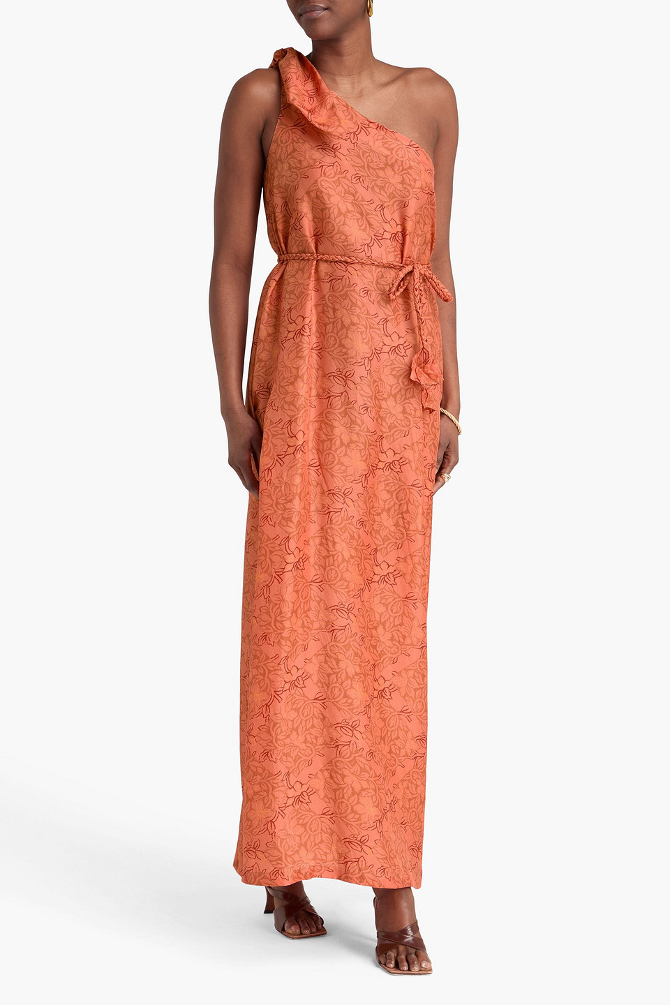  Hannah - Robe „helena“ Aus Crêpe De Chine Aus Seide Mit Floralem Print Und Asymmetrischer Schulterpartie - Orange - 0 
