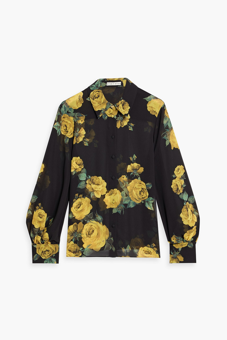 alice olivia - candace floral-print chiffon shirt - black - xs