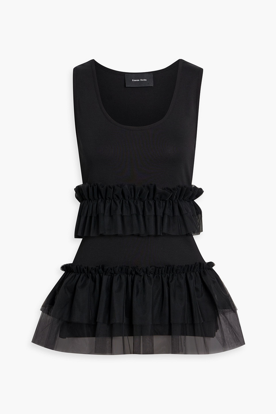 Simone Rocha Ruffled Tulle-paneled Cotton-jersey Top In Black