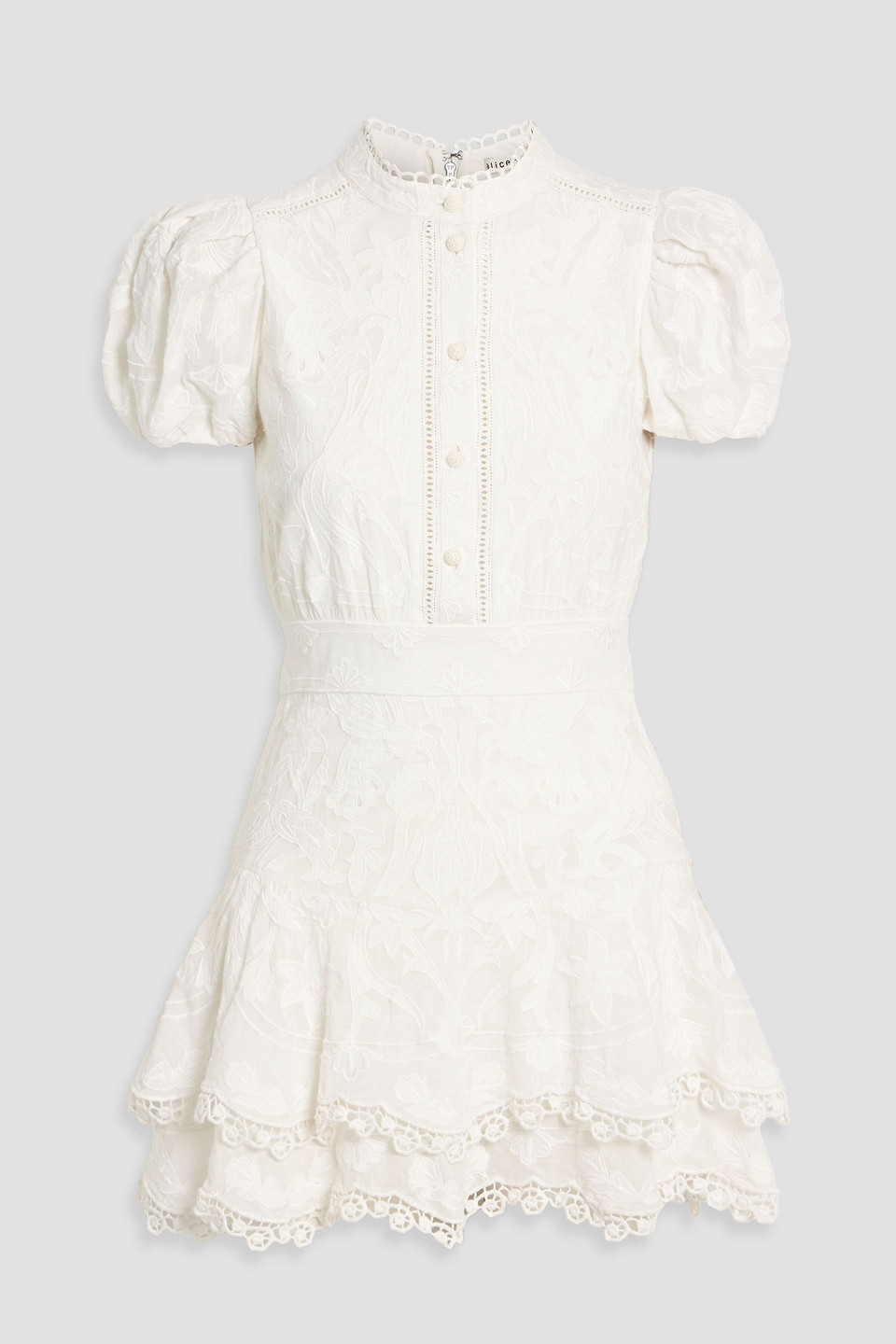 Alice And Olivia Loryn Tiered Embroidered Cotton Mini Dress In White