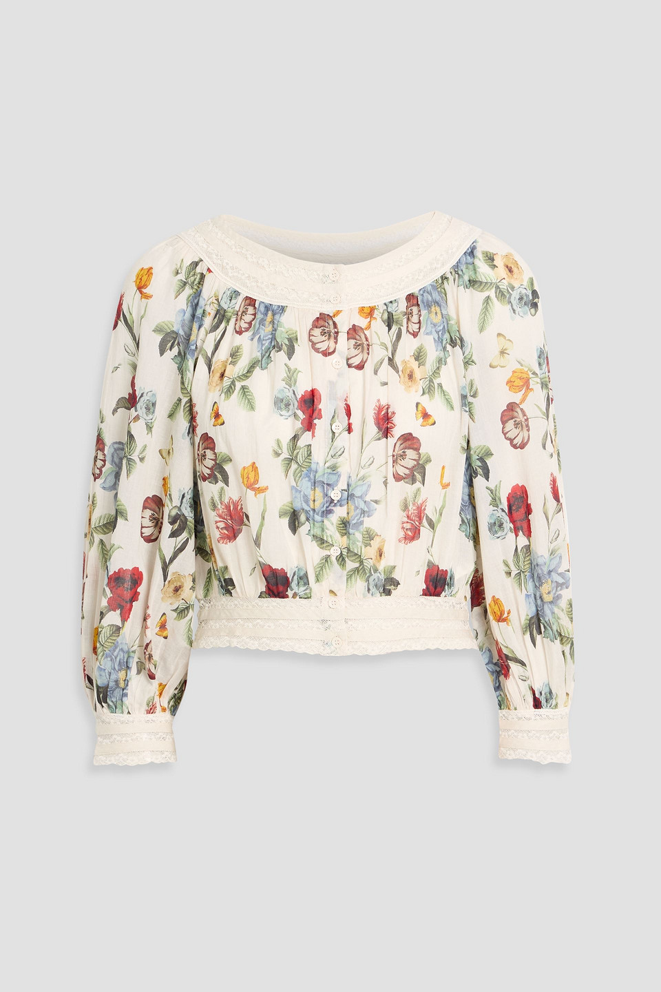 alice olivia - cherelle lace-trimmed floral-print cotton-gauze top - white - l