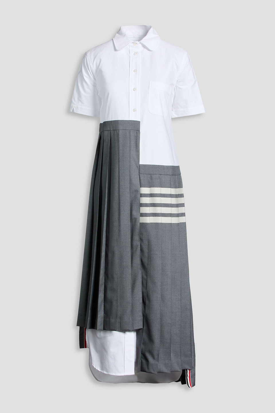 Thom Browne Asymmetric Striped Poplin-paneled Wool Midi Shirt Dress In White