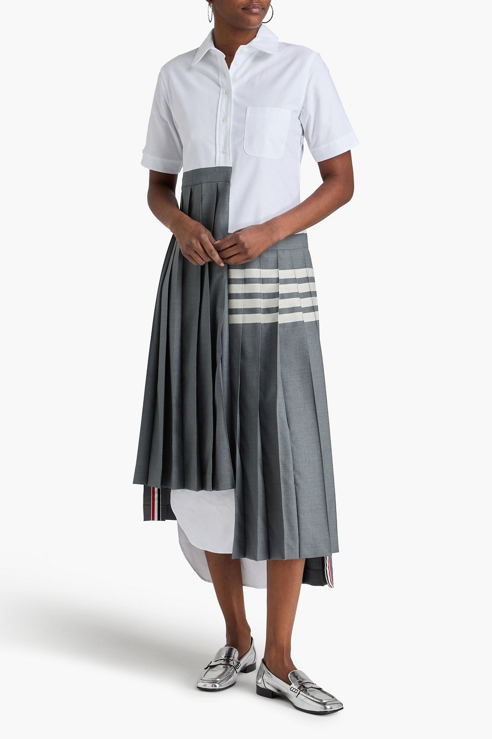  Thom Browne - Asymmetrisches Hemdkleid Aus Wolle Mit Streifen Und Popeline-einsätzen In Midilänge - Weiß - It 38 