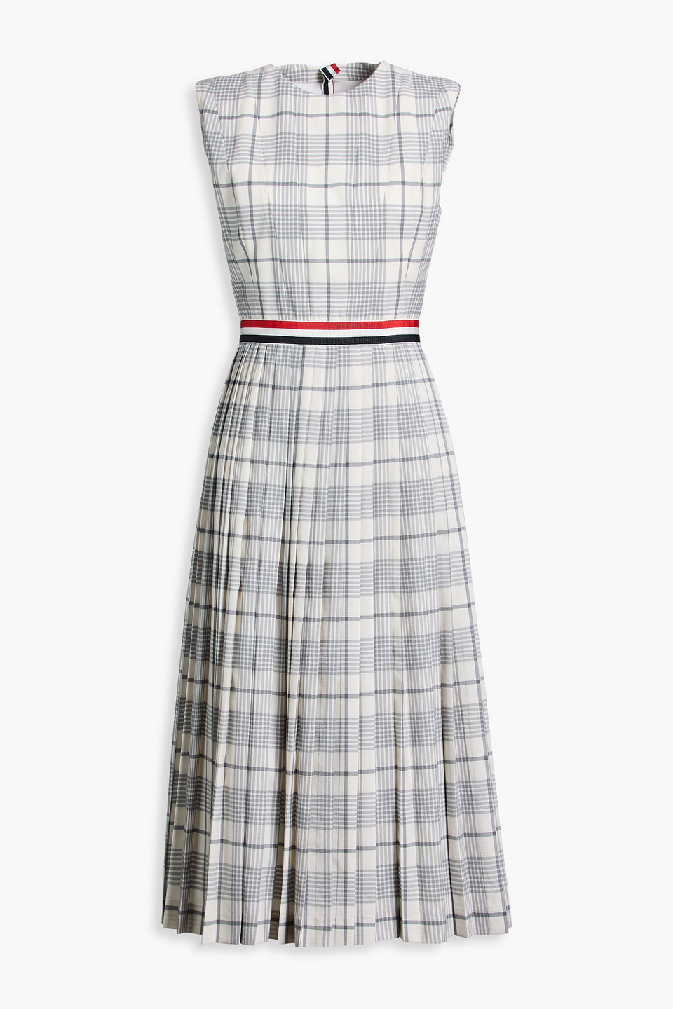 Thom Browne Pleated Checked Wool Midi Dress In Gray