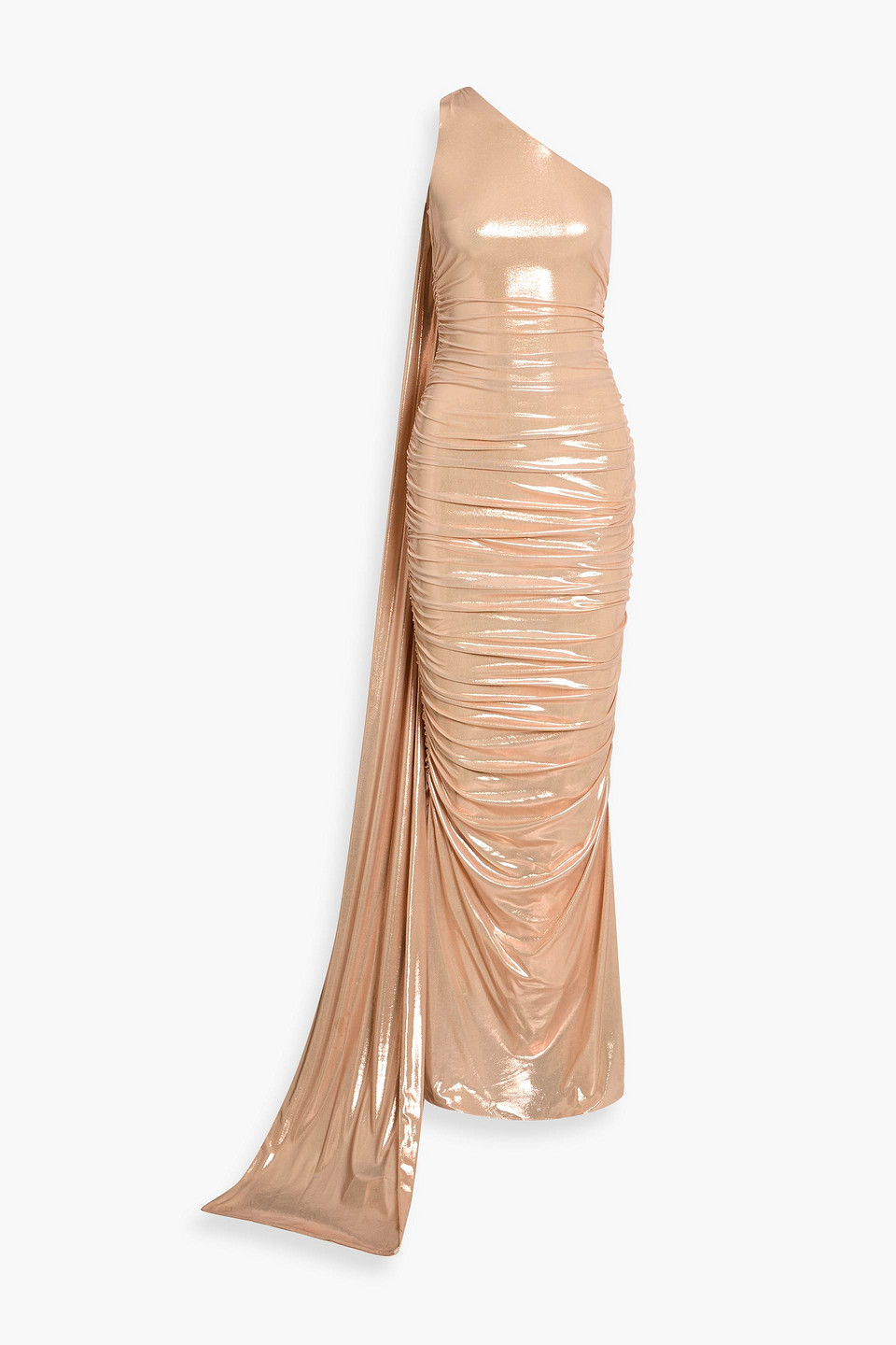 Retroféte Shannon One-shoulder Draped Lamé Maxi Dress In Brown