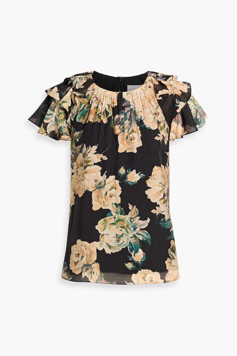 Mikael Aghal Ruffled Floral-print Gauze Top In Black