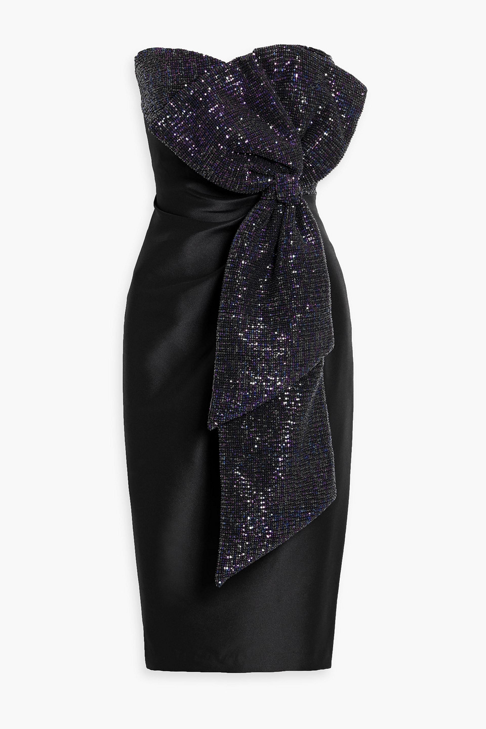 badgley mischka - strapless sequin-embellished satin-twill midi dress - black - us 2