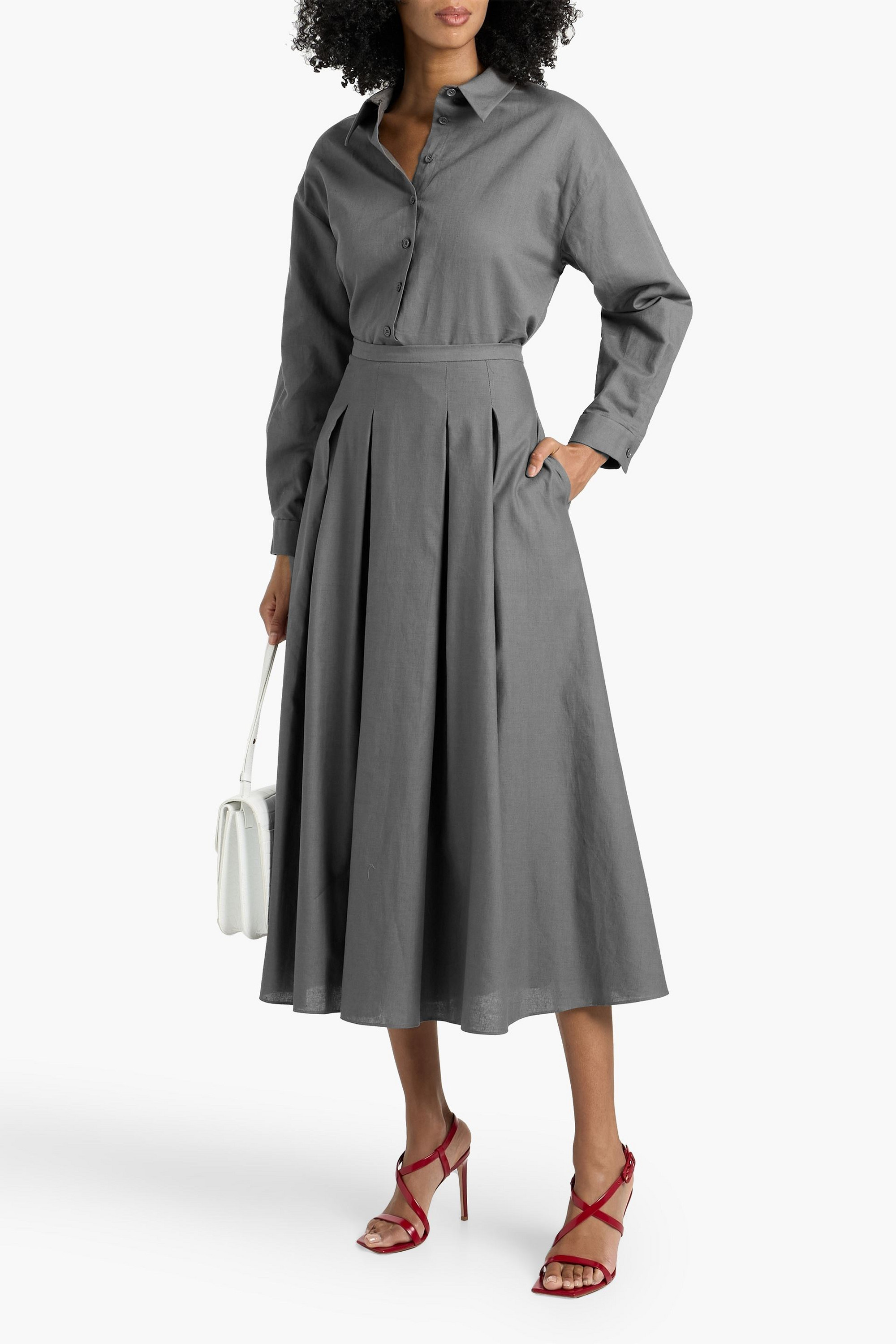 MIKAEL AGHAL Pleated cotton and linen-blend midi skirt