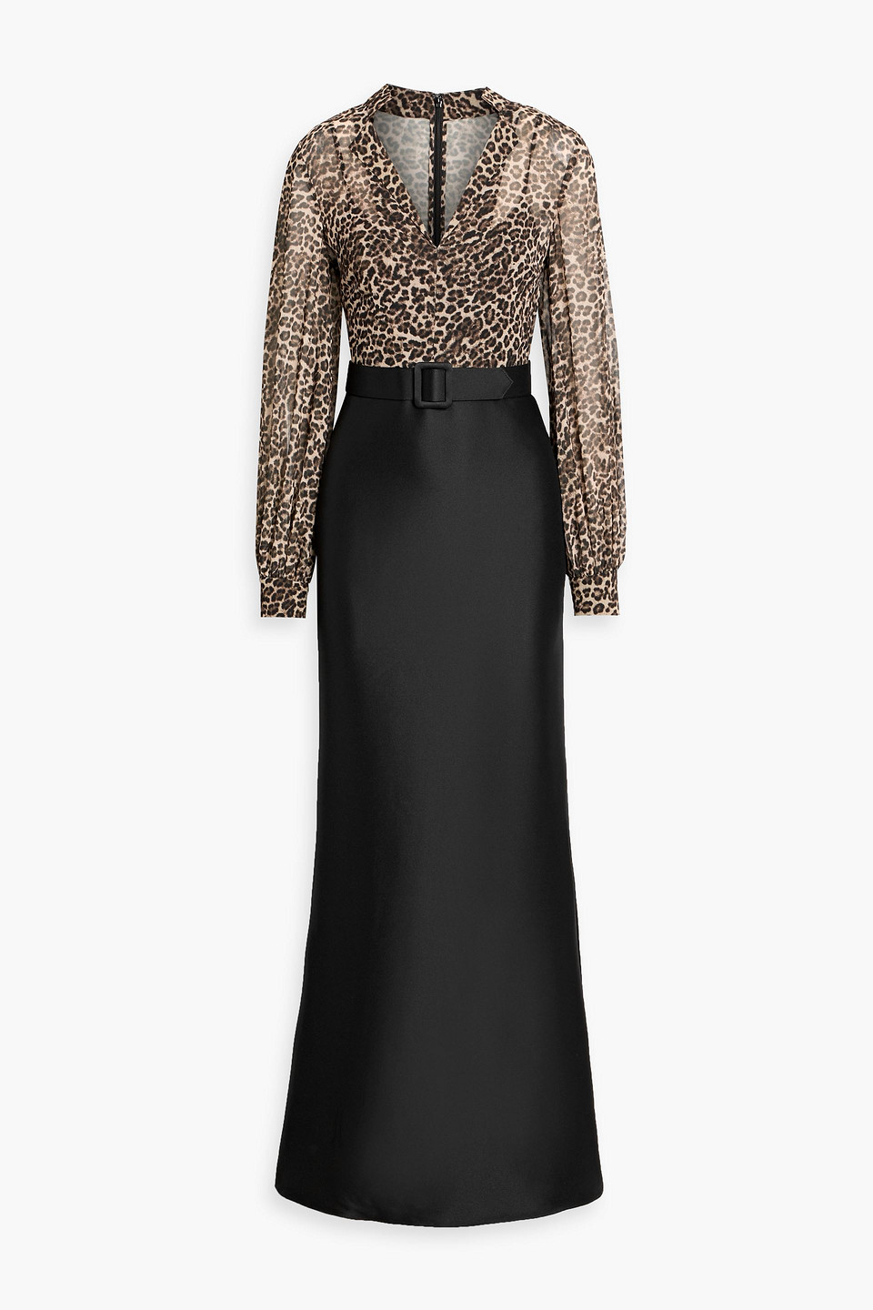 badgley mischka - leopard-print chiffon and satin-twill gown - black - us 0