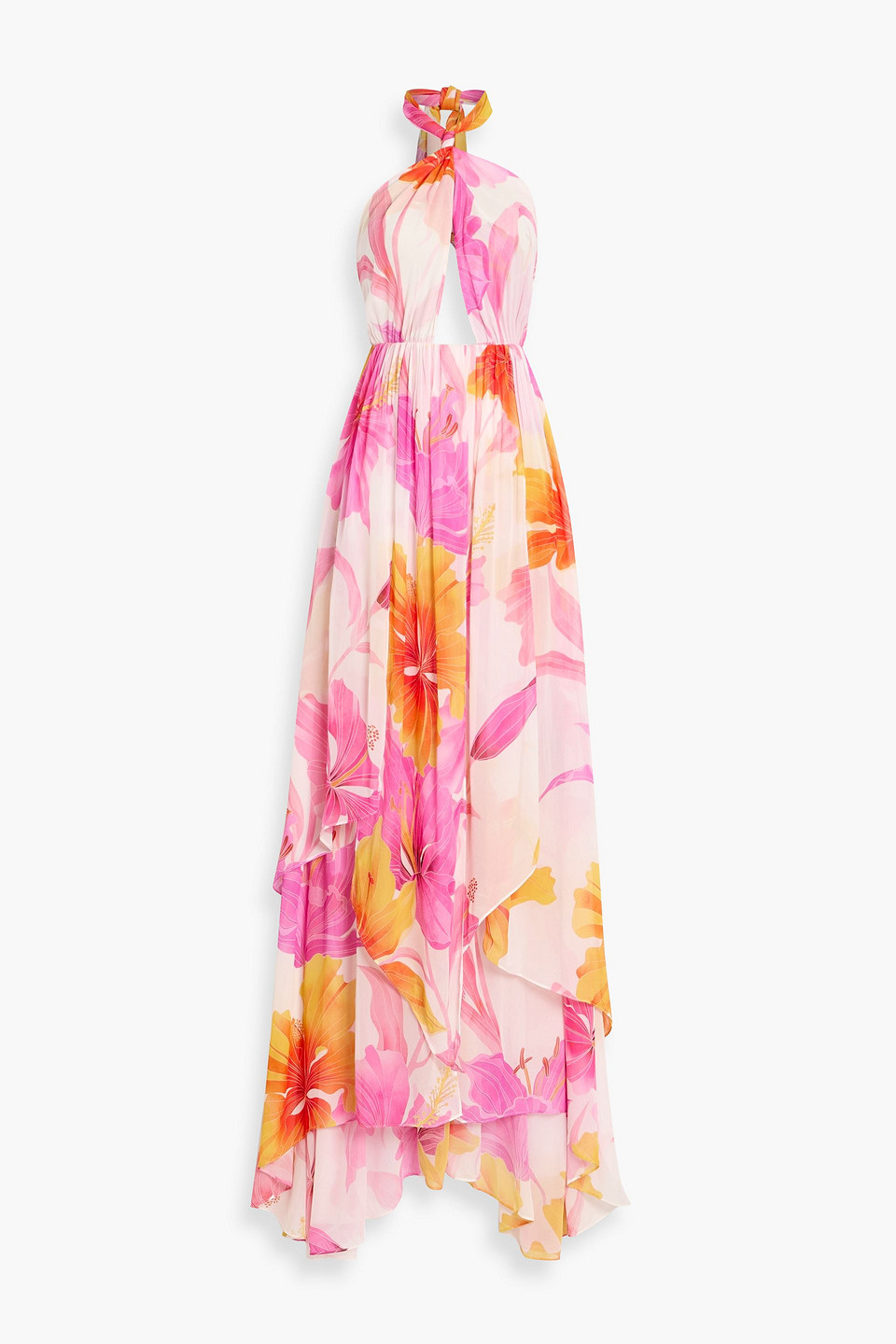 retrofête - ina printed crepe de chine halterneck maxi dress - pink - l