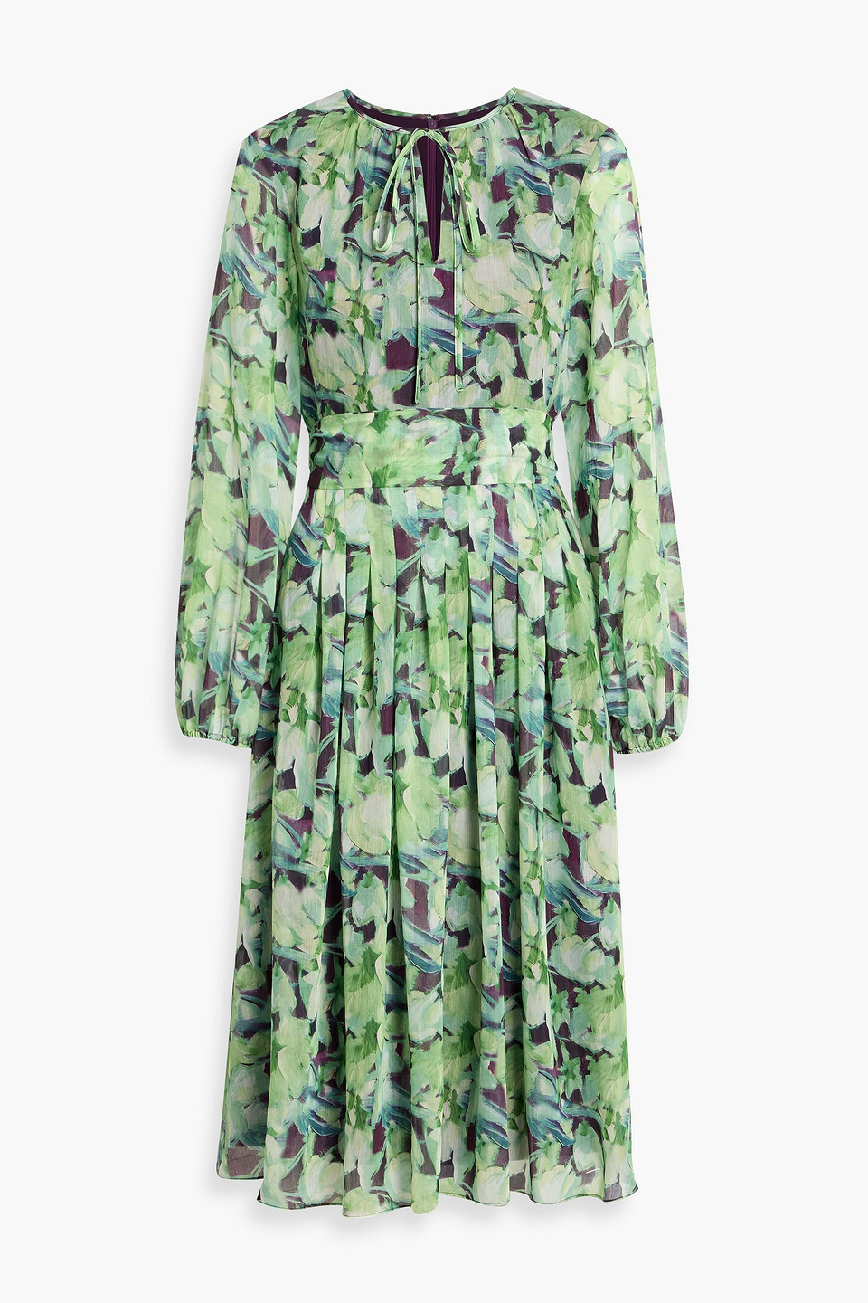 Mikael Aghal Pleated Printed Georgette Midi Dress In Green