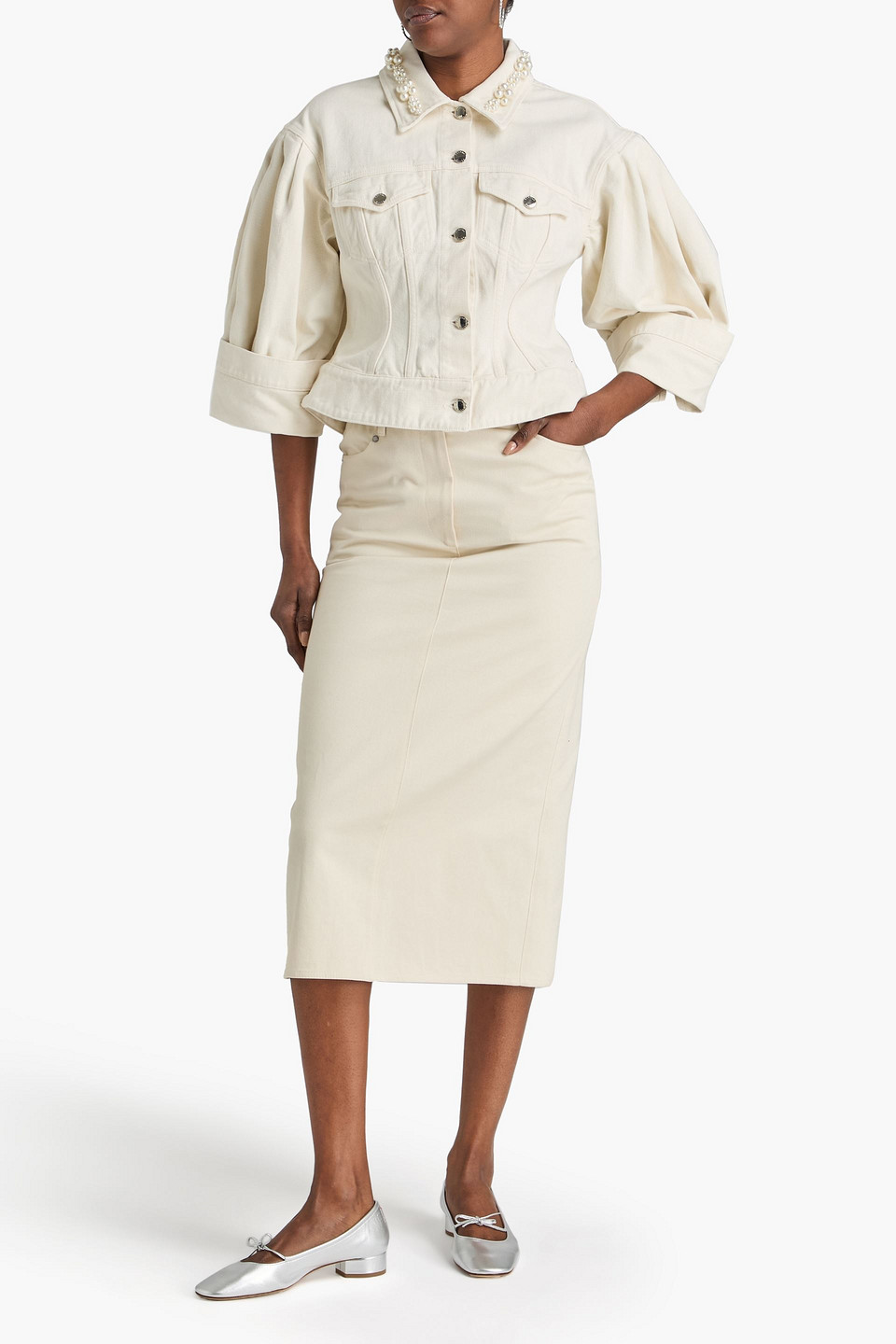  Simone Rocha - Cropped Jeansjacke Mit Verzierung - Weiß - Uk 6 