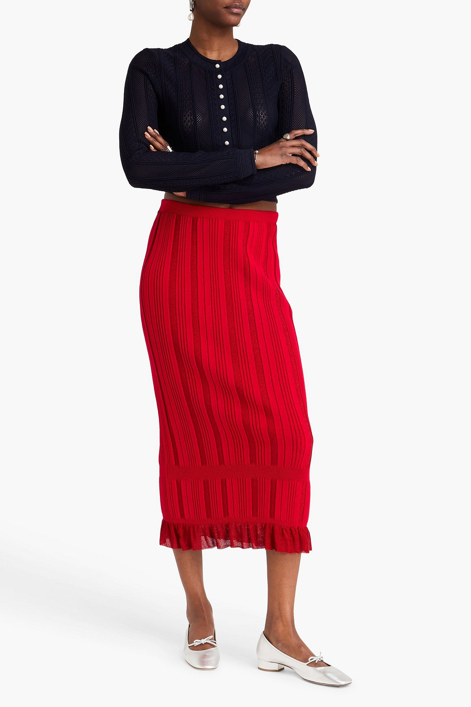  Simone Rocha - Bleistiftrock Aus Rippstrick Mit Metallic-effekt In Midilänge - Rot - L 