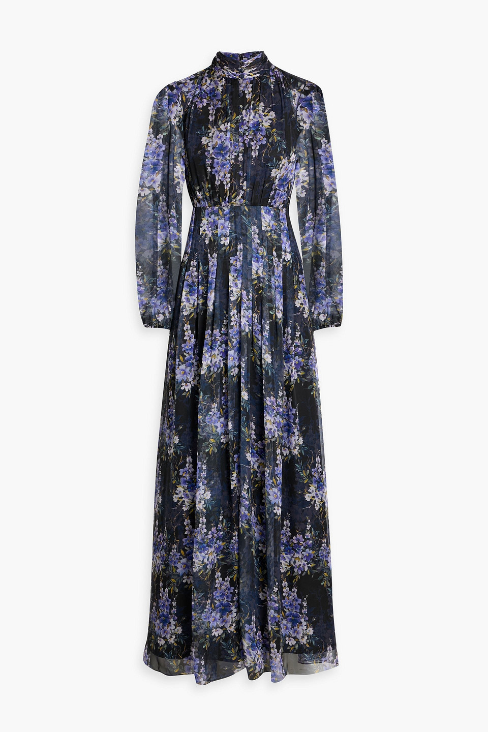 Mikael Aghal Pleated Floral-print Chiffon Maxi Dress In Multi