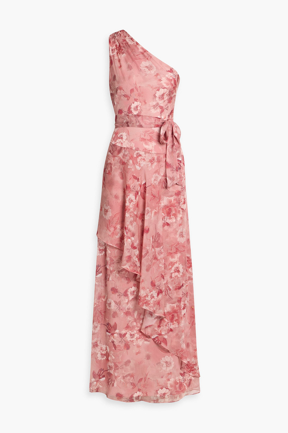 Mikael Aghal One-shoulder Floral-print Georgette Maxi Dress In Pink