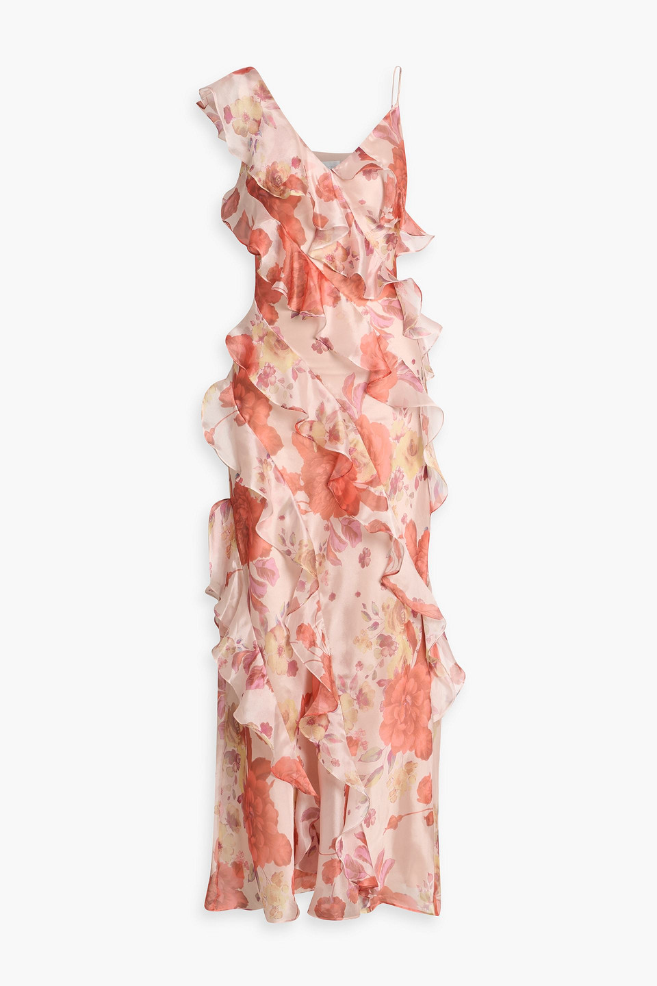 Mikael Aghal Ruffled Floral-print Satin Maxi Dress In Multi