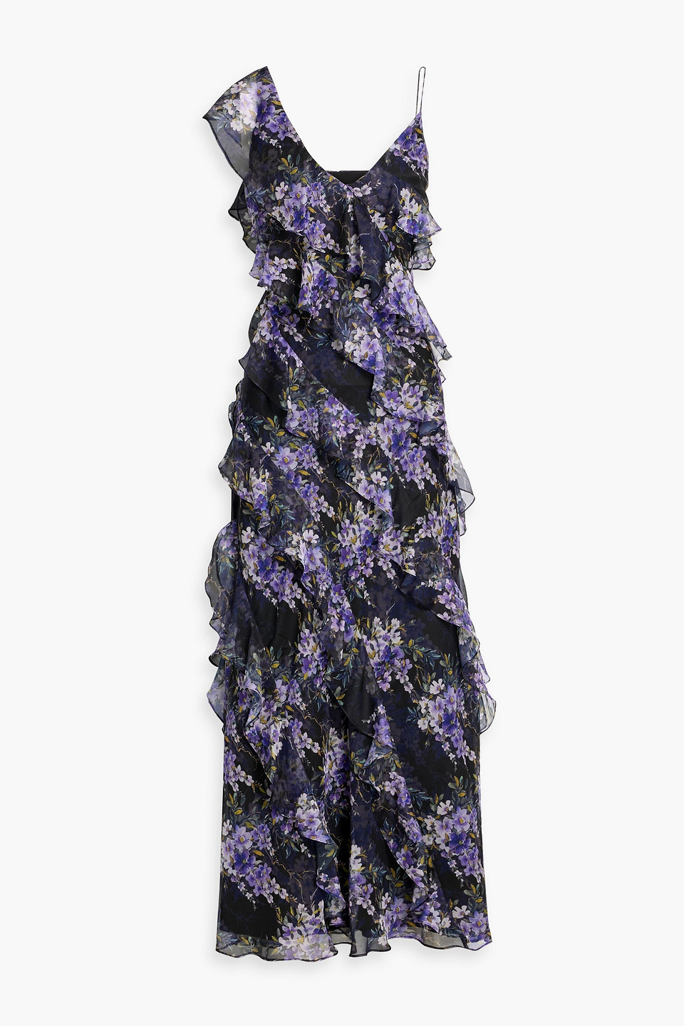 Mikael Aghal Ruffled Floral-print Chiffon Maxi Dress In Blue
