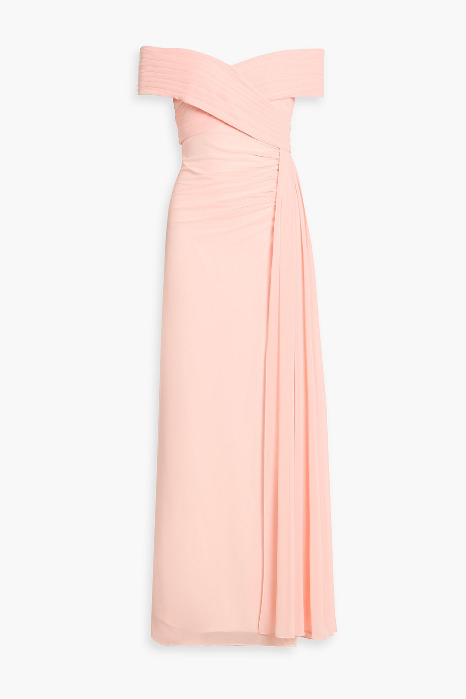 badgley mischka - off-the-shoulder pleated chiffon gown - pink - us 6