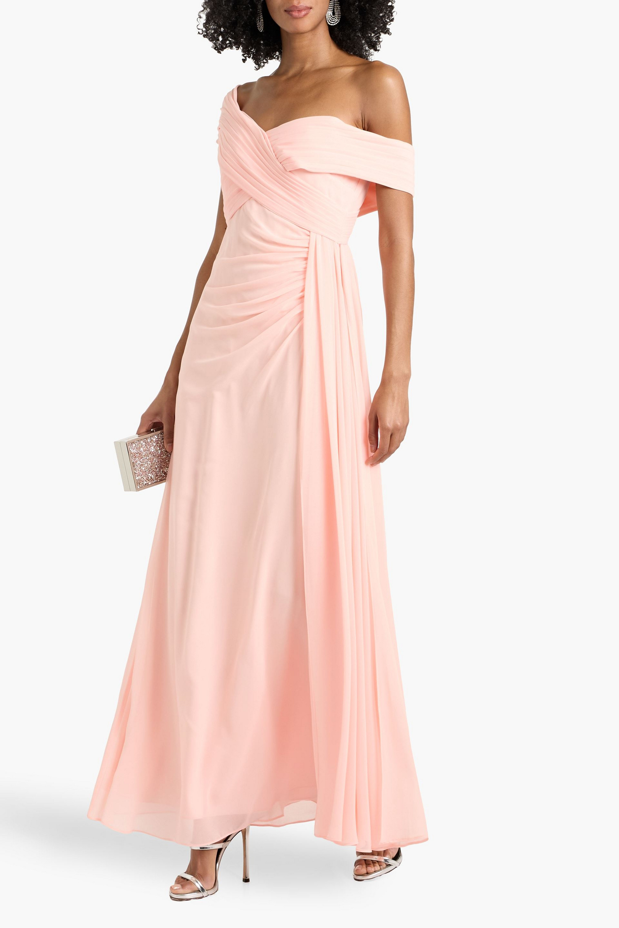 Badgley Mischka Off-the-shoulder pleated chiffon gown