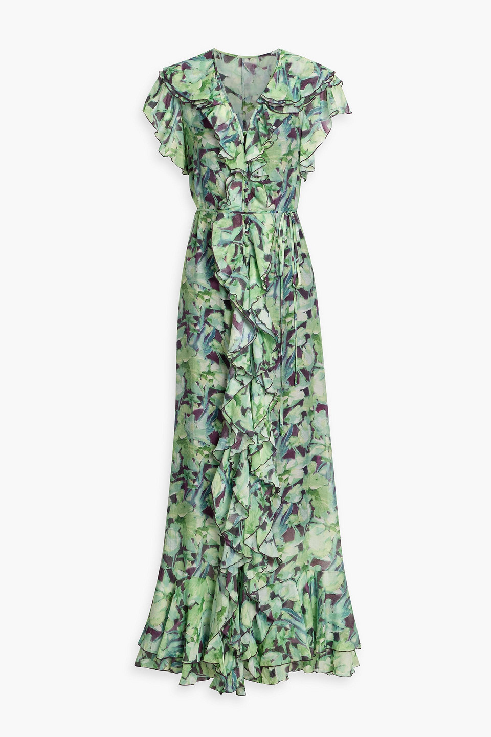 Mikael Aghal Ruffled Printed Chiffon Maxi Dress In Green