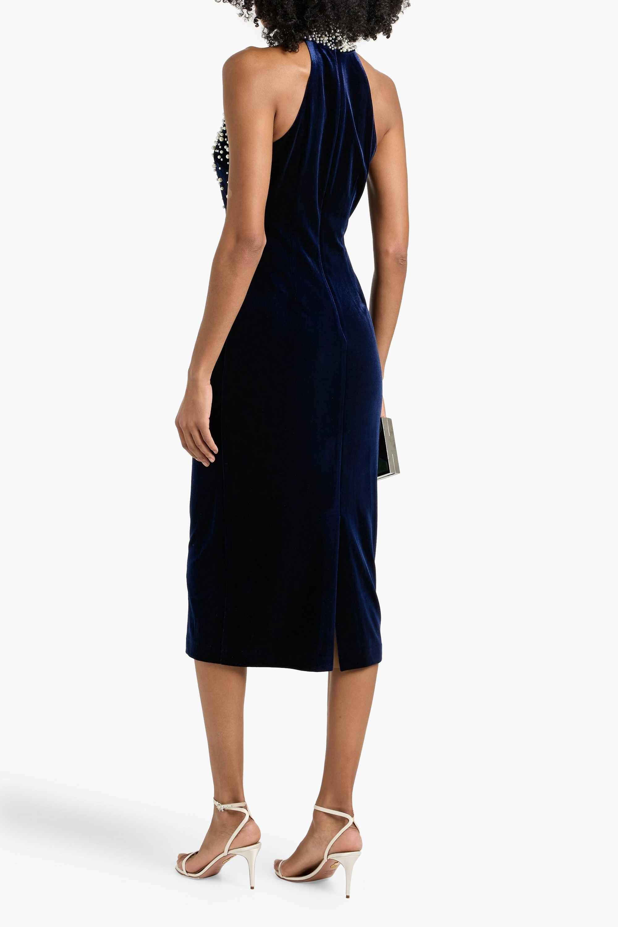 Badgley Mischka Faux pearl-embellished velvet midi dress