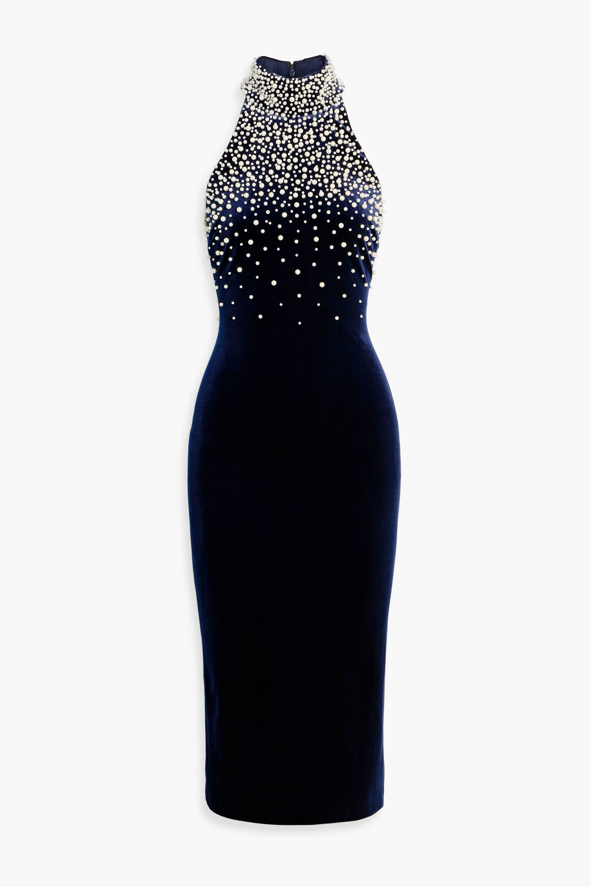 Badgley Mischka Faux pearl-embellished velvet midi dress