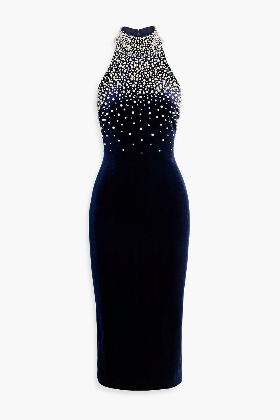badgley mischka - faux pearl-embellished velvet midi dress - blue - us 2