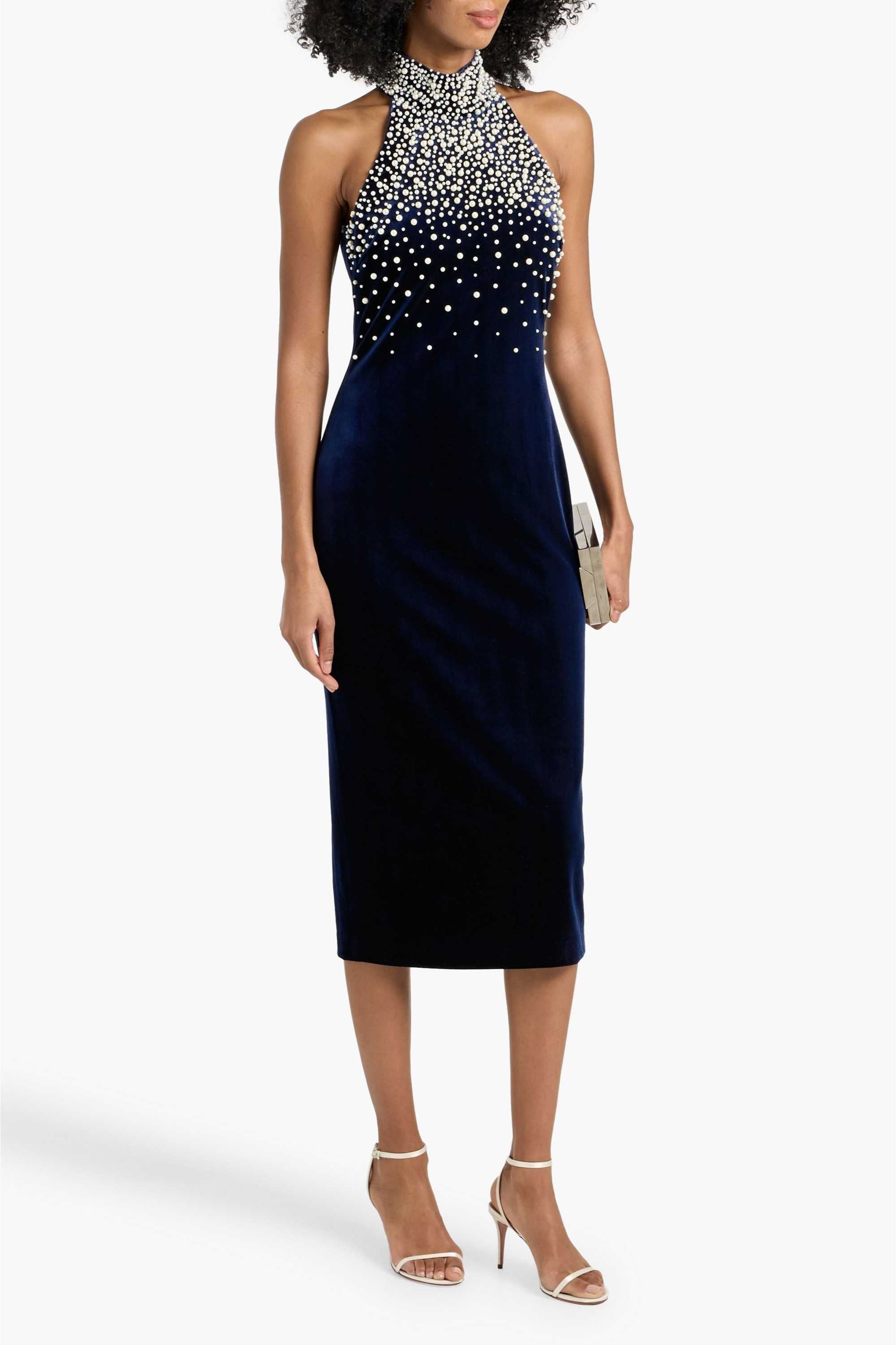 Badgley Mischka Faux pearl-embellished velvet midi dress