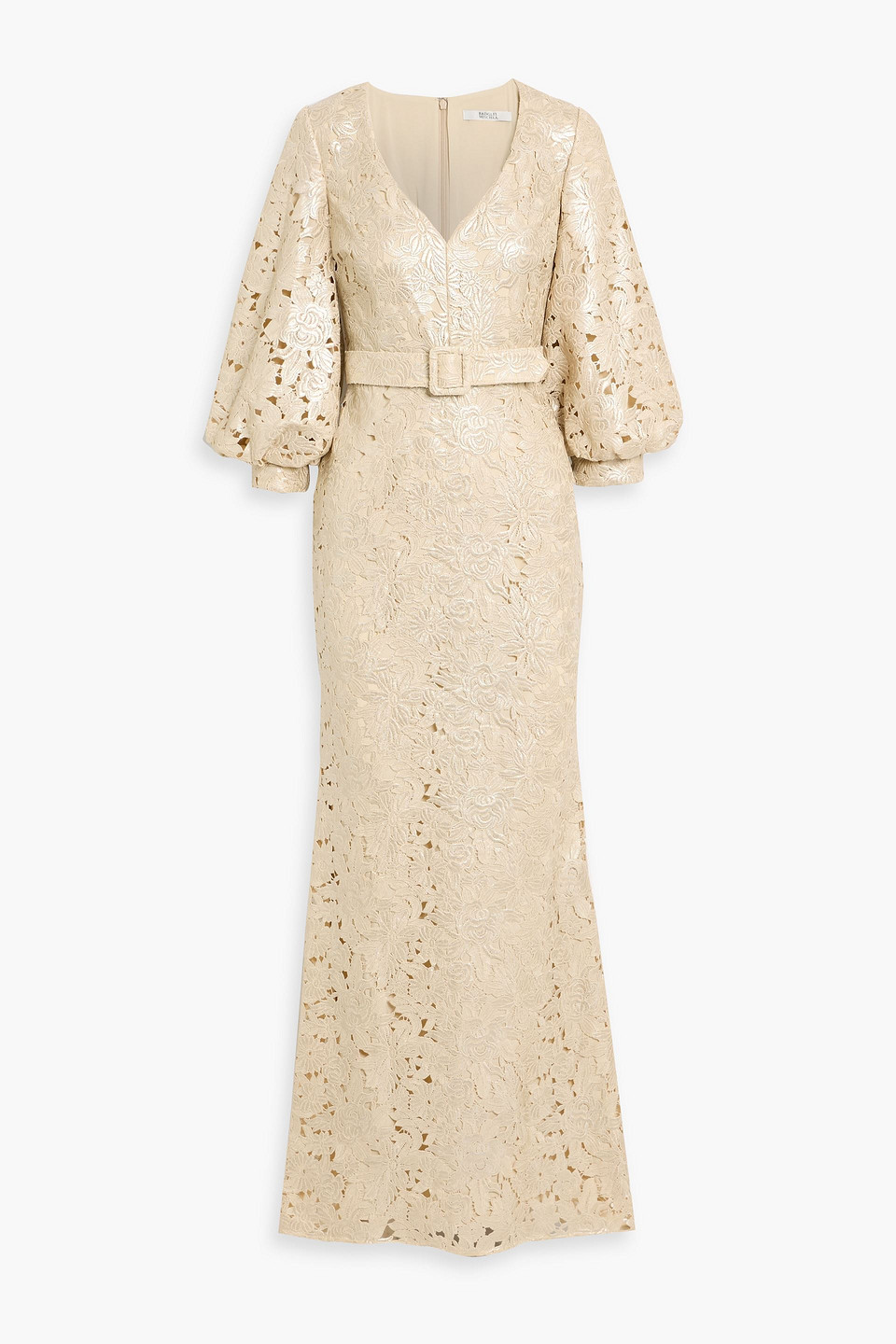 badgley mischka - belted metallic guipure lace gown - metallic - us 4