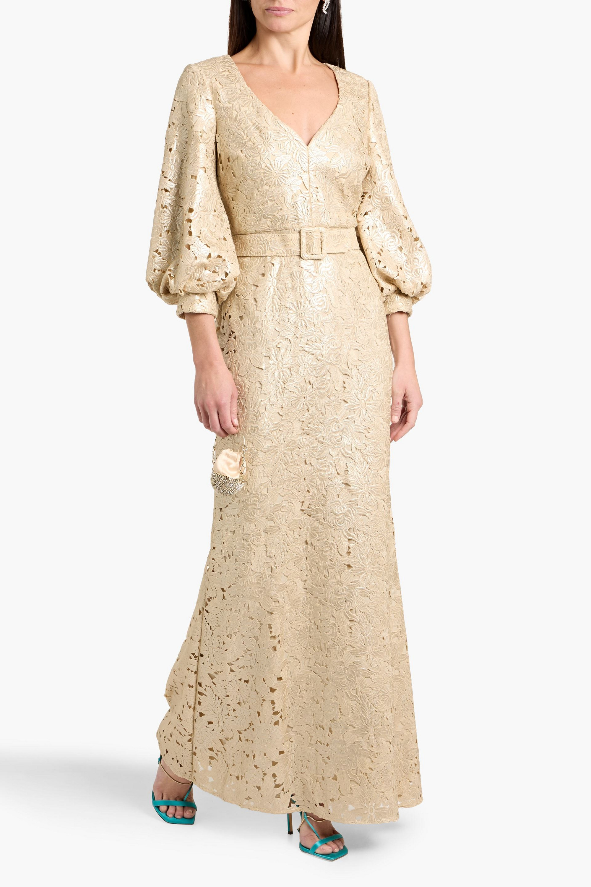 Badgley Mischka Belted metallic guipure lace gown