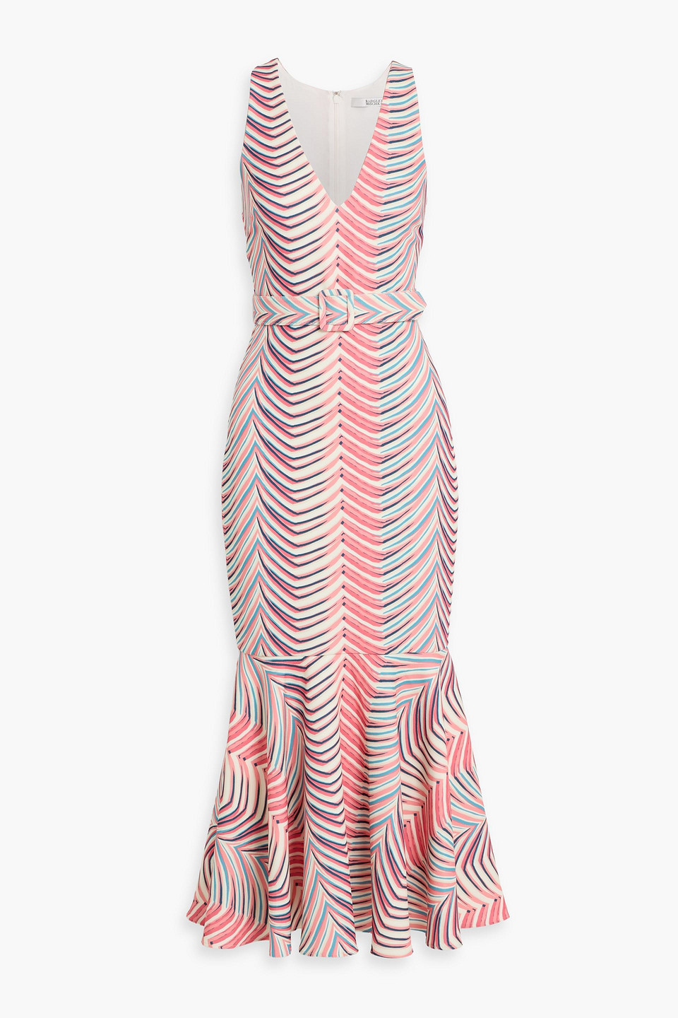 badgley mischka - belted printed crepe maxi dress - orange - us 4