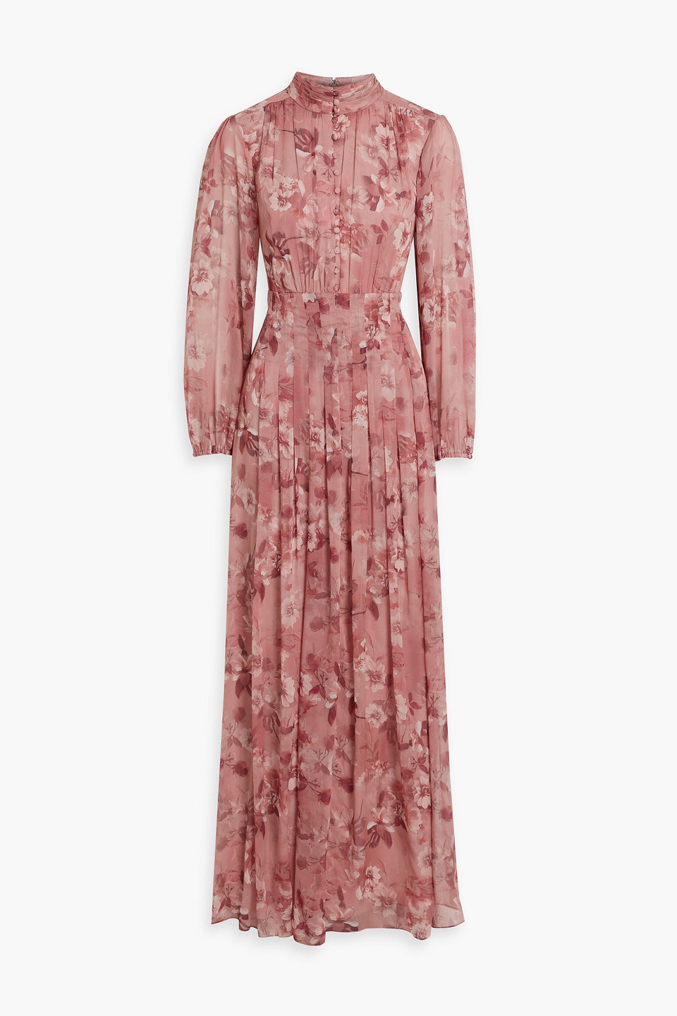Mikael Aghal Pleated Floral-print Georgette Maxi Dress In Pink