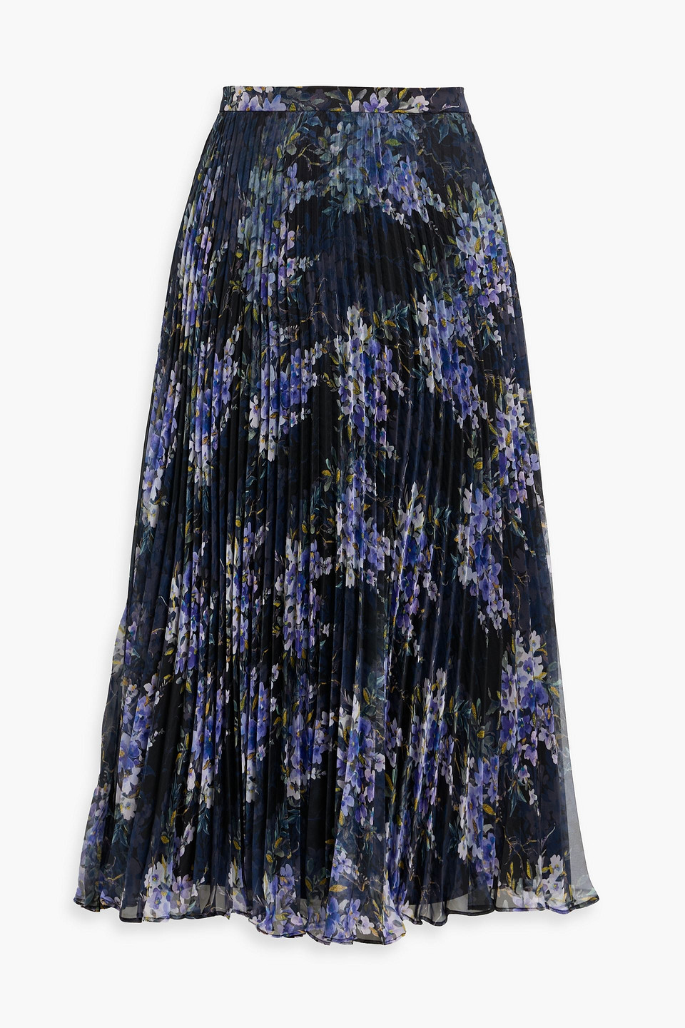 Mikael Aghal Pleated Floral-print Chiffon Midi Skirt In Blue