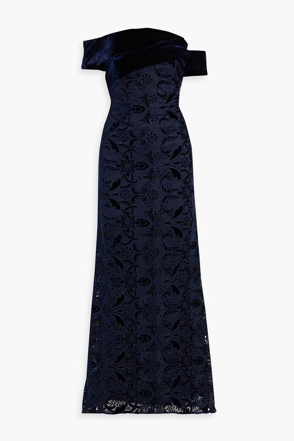 badgley mischka - velvet-paneled guipure lace gown - blue - us 0