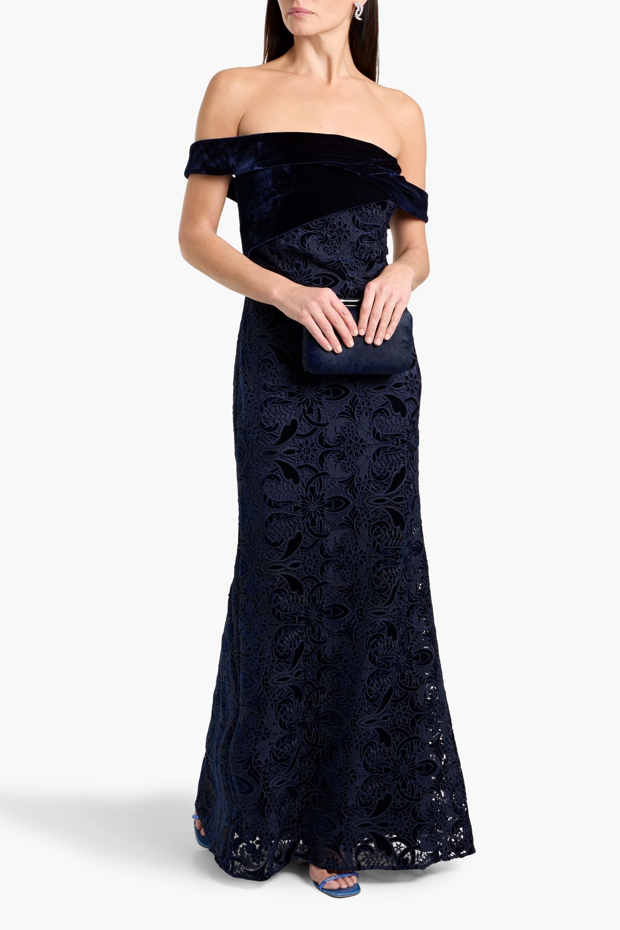 Badgley Mischka Velvet-paneled guipure lace gown