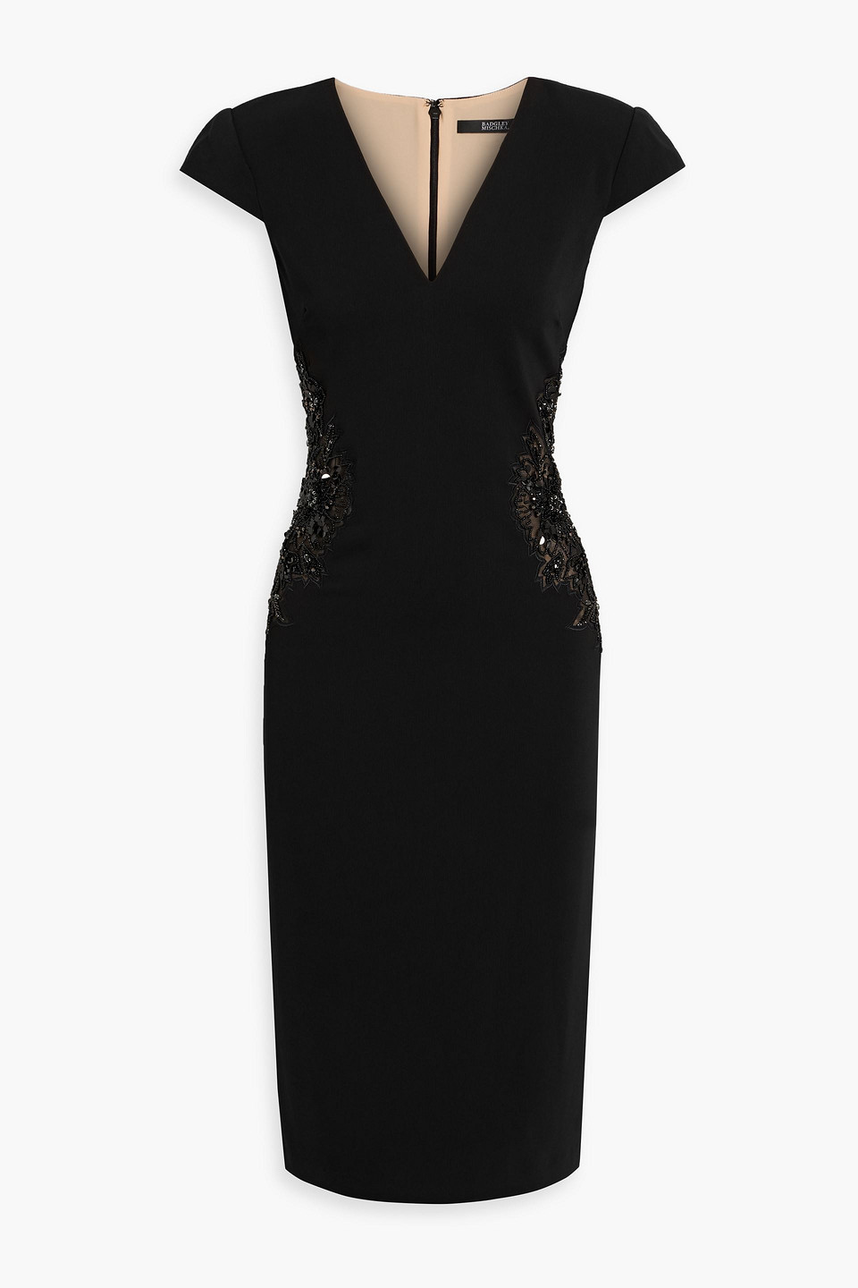 badgley mischka - embellished tulle-paneled crepe midi dress - black - us 0
