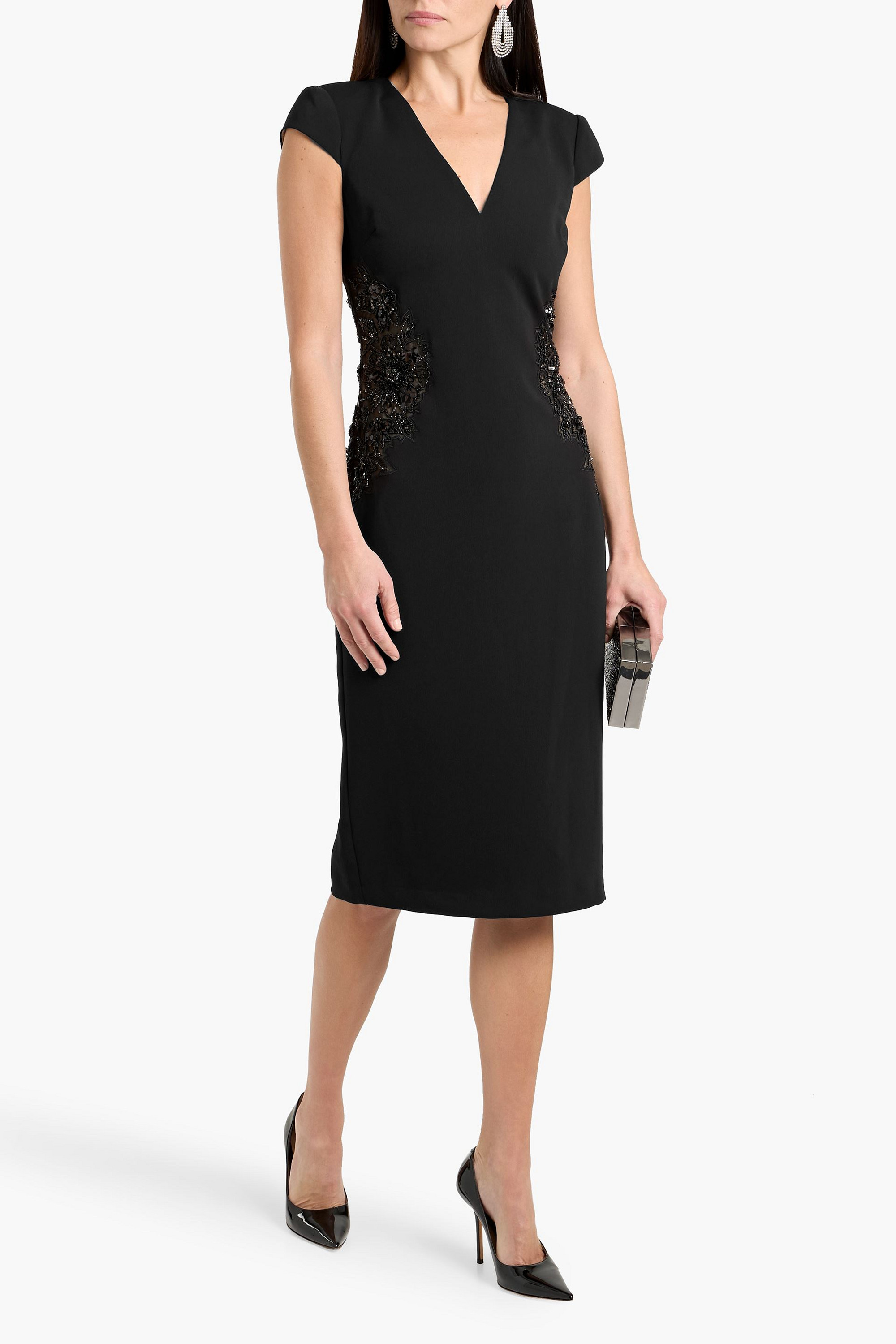 Badgley Mischka Embellished tulle-paneled crepe midi dress