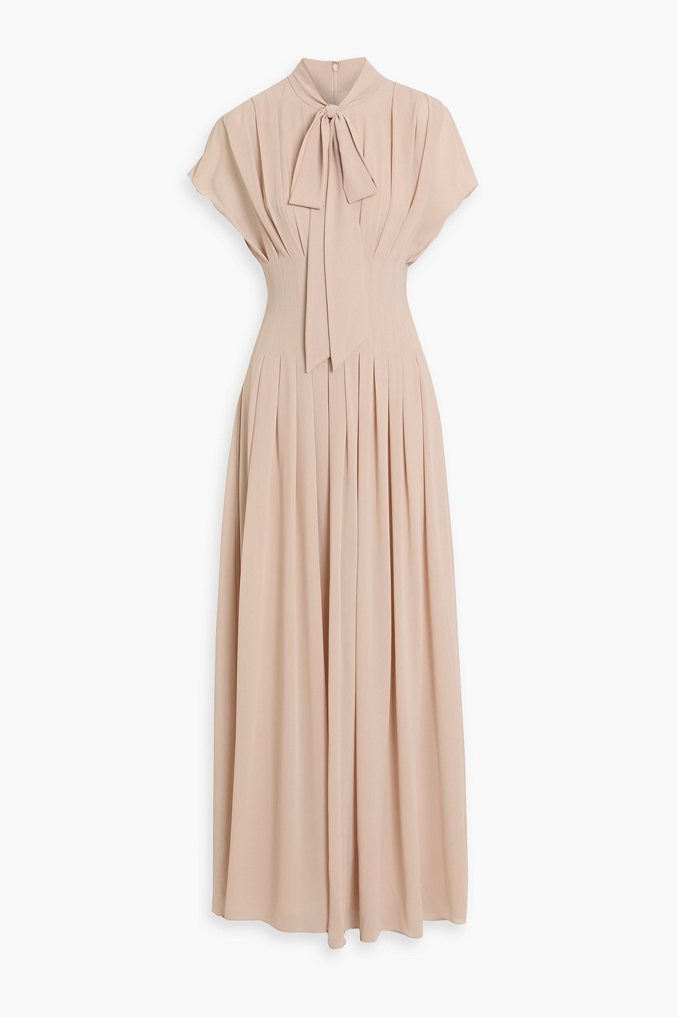 Mikael Aghal Pussy-bow Pleated Chiffon Maxi Dress In Neutral