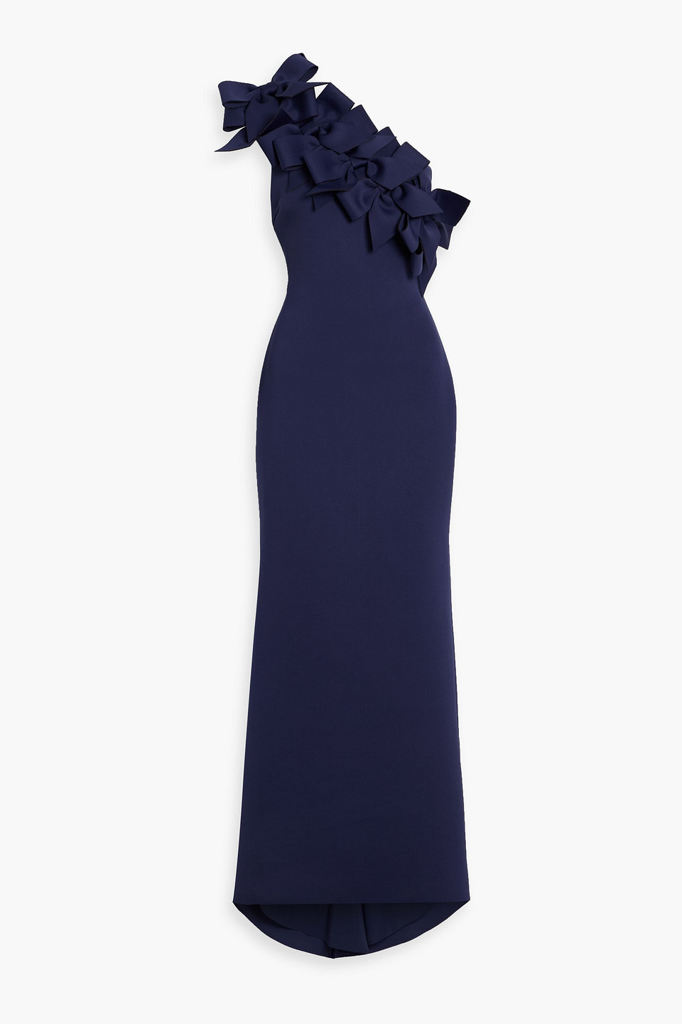 badgley mischka - one-shoulder bow-detailed ponte gown - blue - us 4