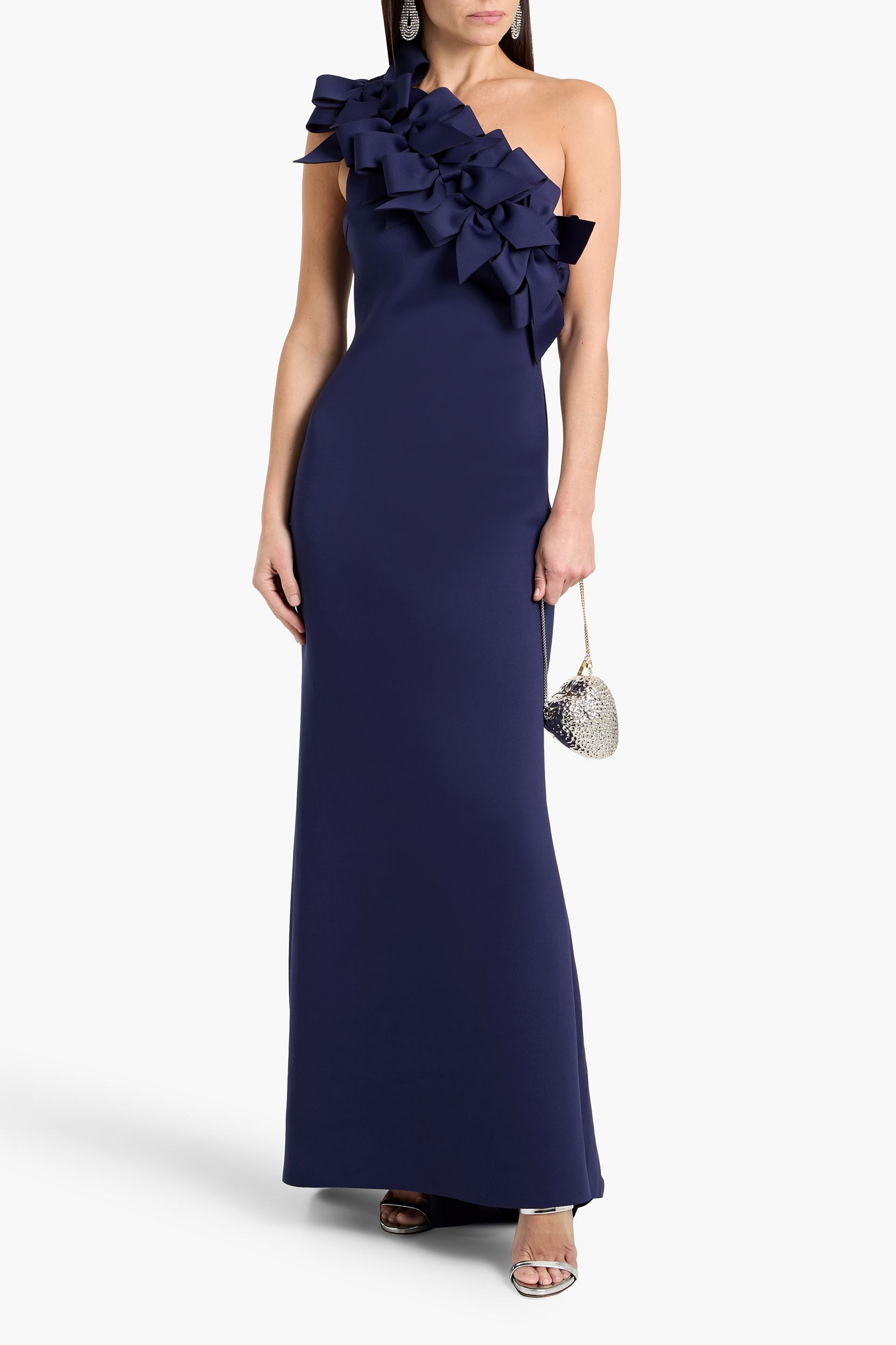 Badgley Mischka One-shoulder bow-detailed ponte gown