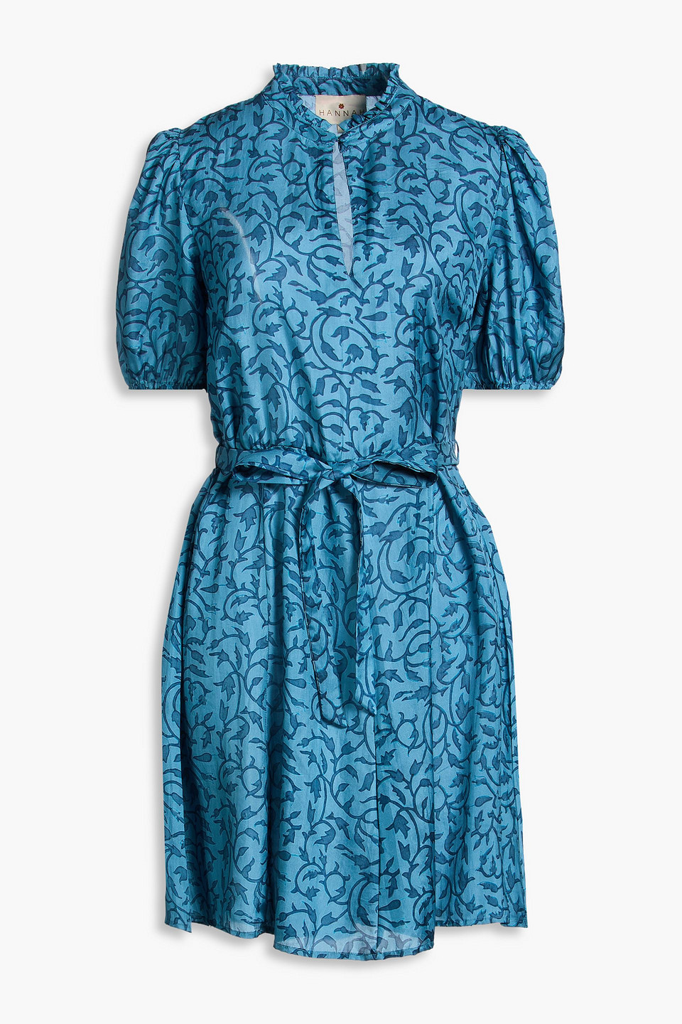 Hannah Gaia Belted Floral-print Silk-satin Mini Dress In Blue