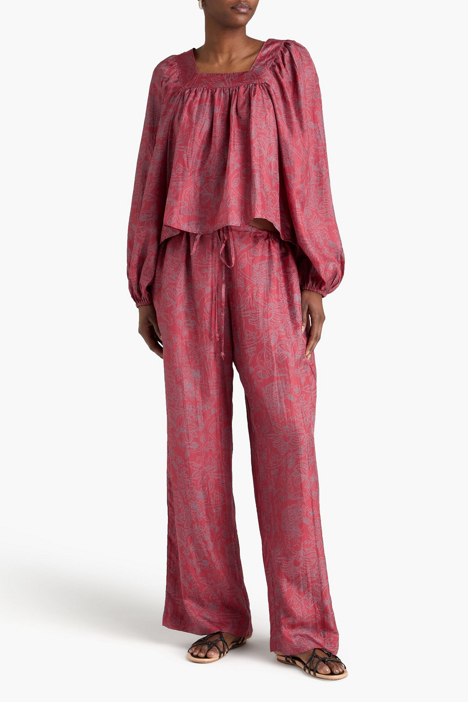  Hannah - Azra Printed Silk-satin Wide-leg Pants - Burgundy - 00 