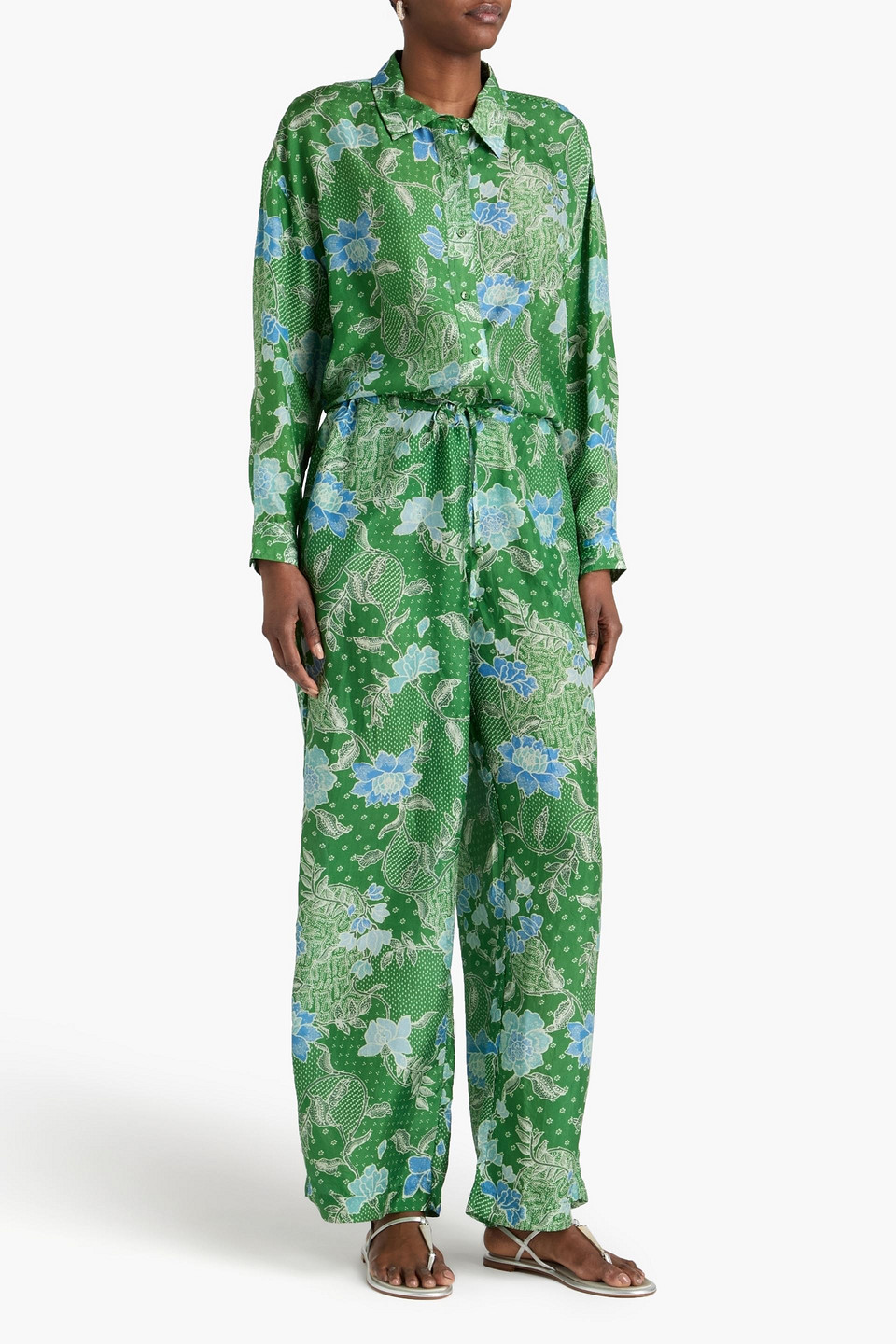  Hannah - Azra Printed Silk-satin Wide-leg Pants - Green - 00 