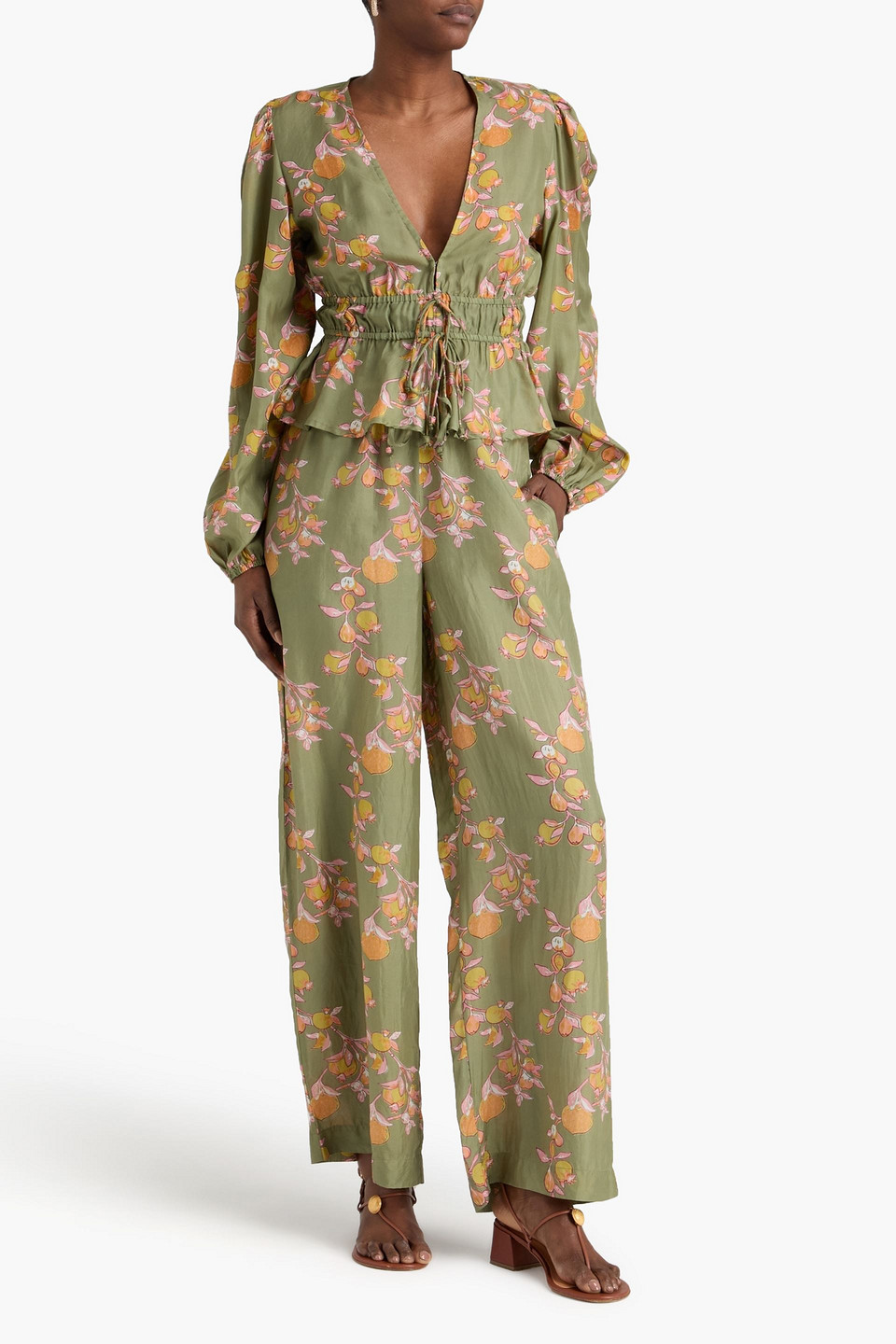  Hannah - Azra Printed Silk-satin Wide-leg Pants - Green - 00 